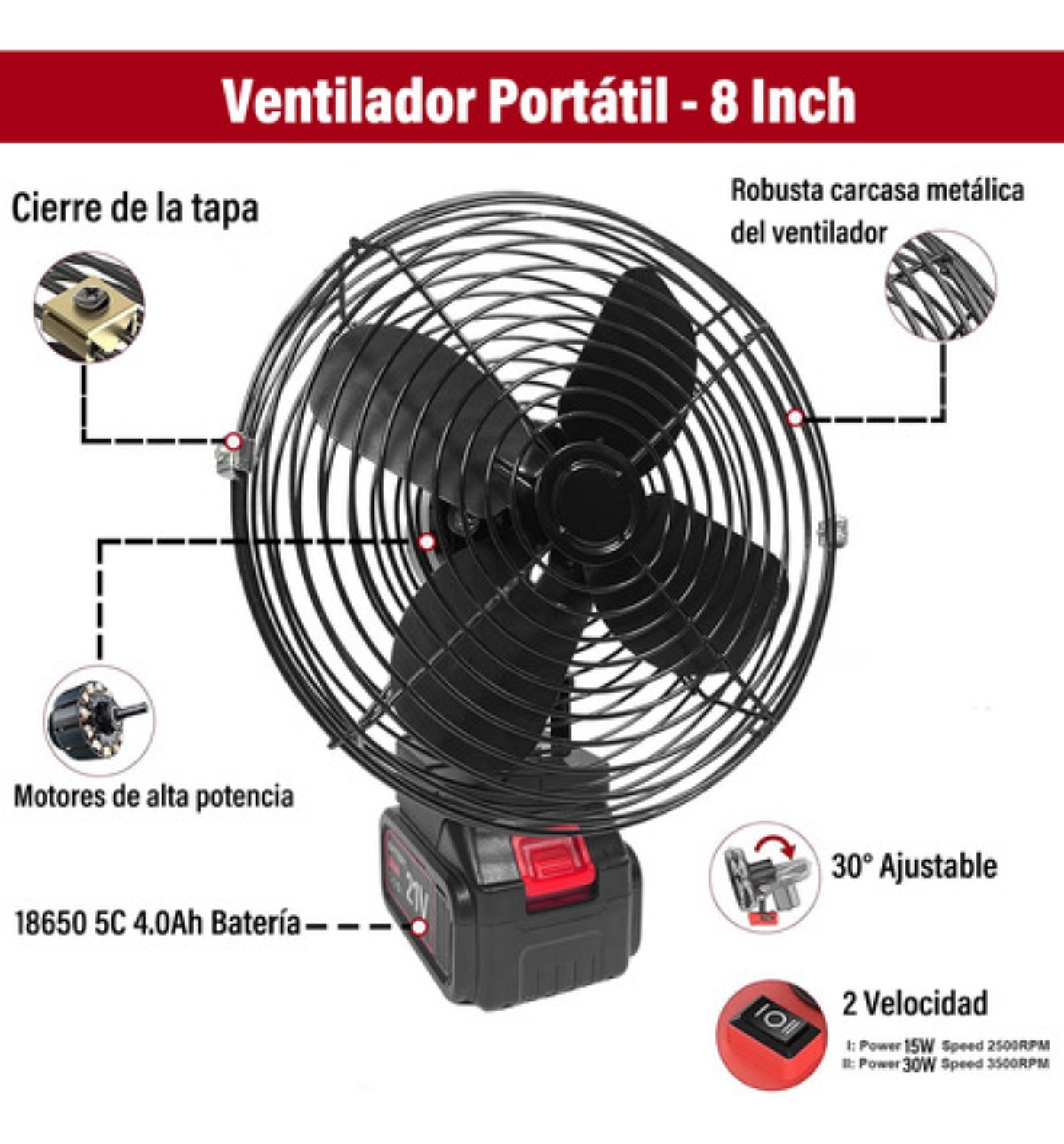 Ventilador Portátil Recargable Inalámbrico 4.0ah 8-inch 30w Negro
