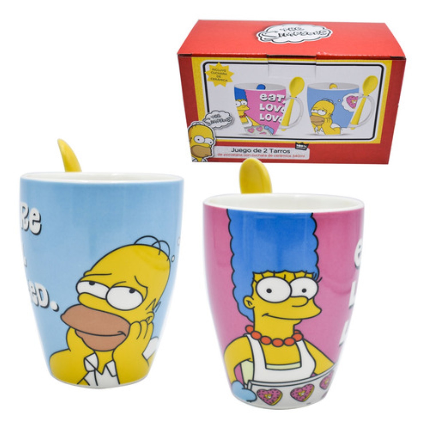 2 Tazas Cerámica Homero Marge Simpson Cuchara 310ml Original 