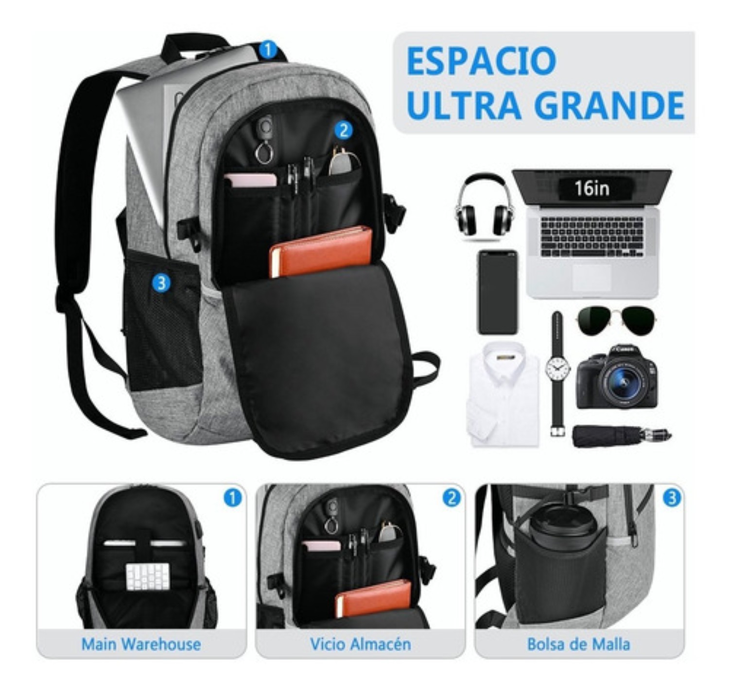 Mochila Antirrobo Superior Negocios Impermeable 35l  Gris Dos cierres