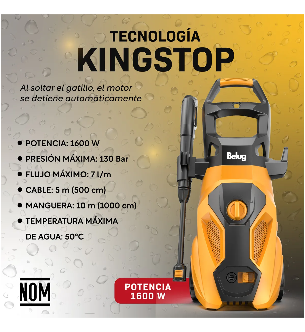 Hidro Lavadora Eléctrica Alta Presión Belug 2000 Psi 1600W Compacta Accesorios Color amarillo