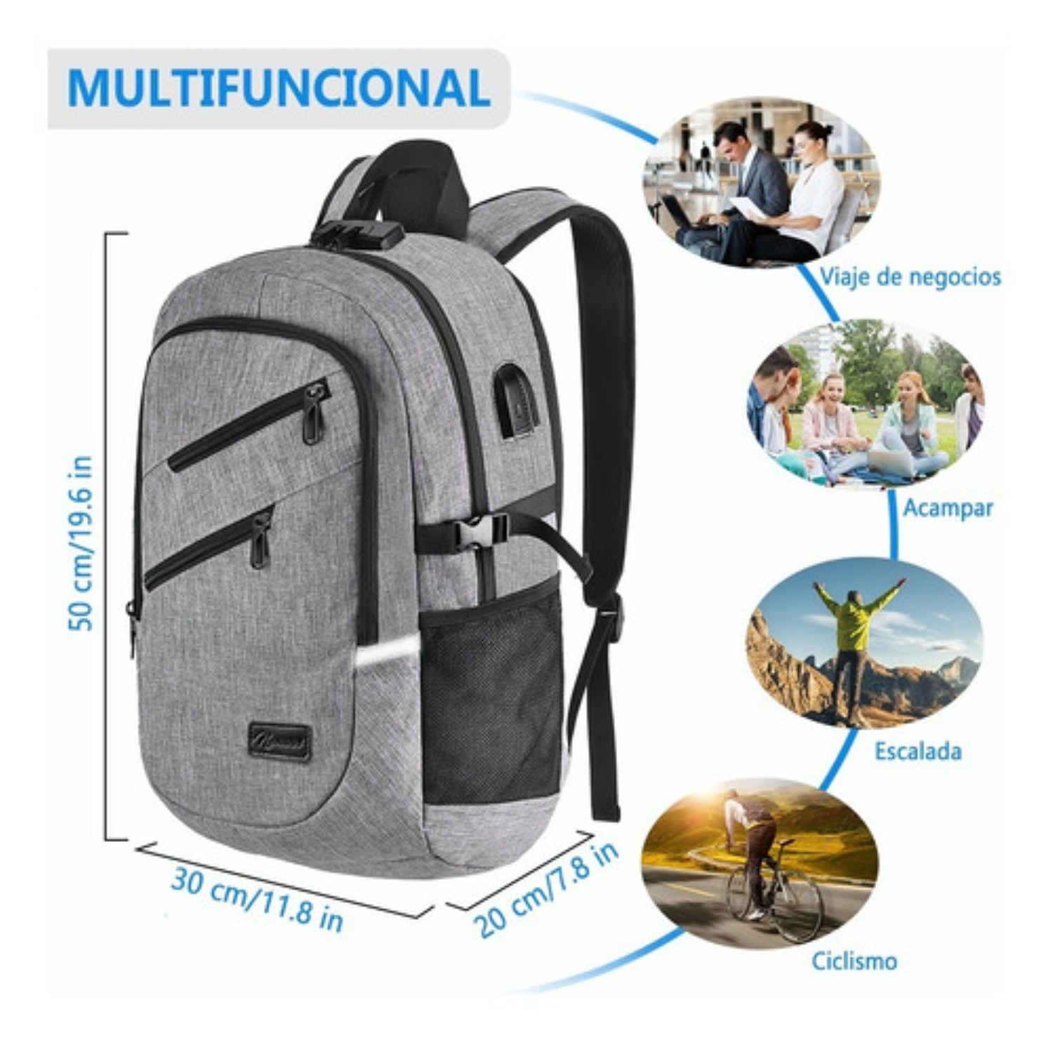 Mochila Antirrobo Superior Negocios Impermeable 35l  Gris Dos cierres
