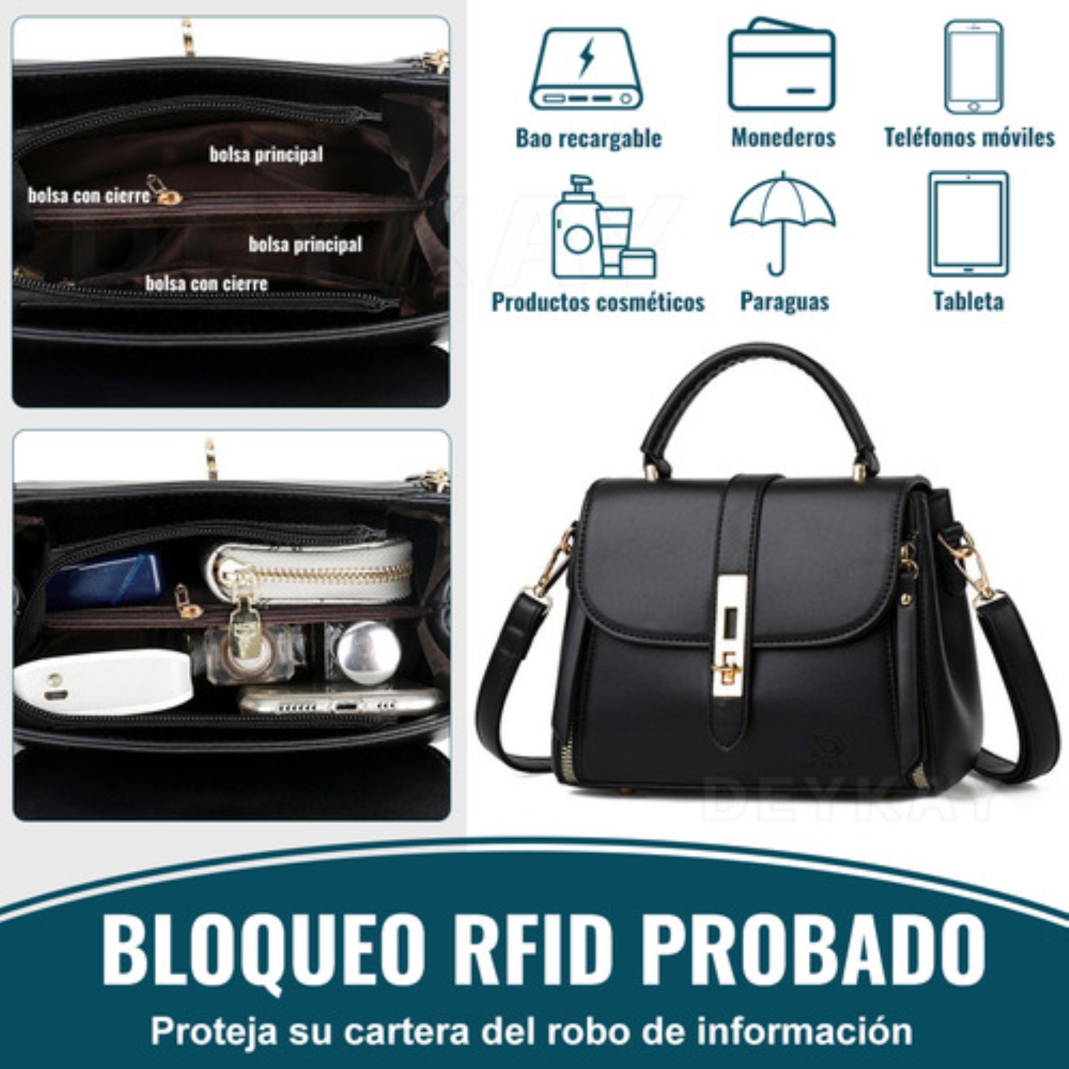 Bolso Mano Mujer Gran Capacidad Remaches De Cuero Negro