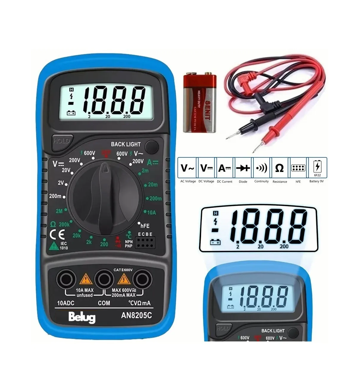 Multímetro Herramientas Lcd Digital Belug Profesional Xl830l Azul