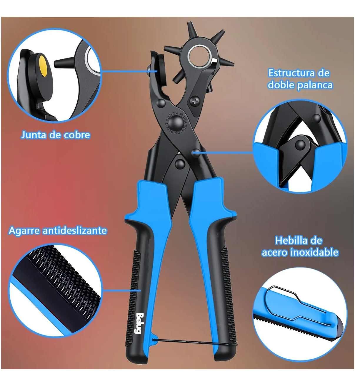 Kit Pinza Sacabocados Ojilladora Belug Perforadora Para Cinturón. Azul