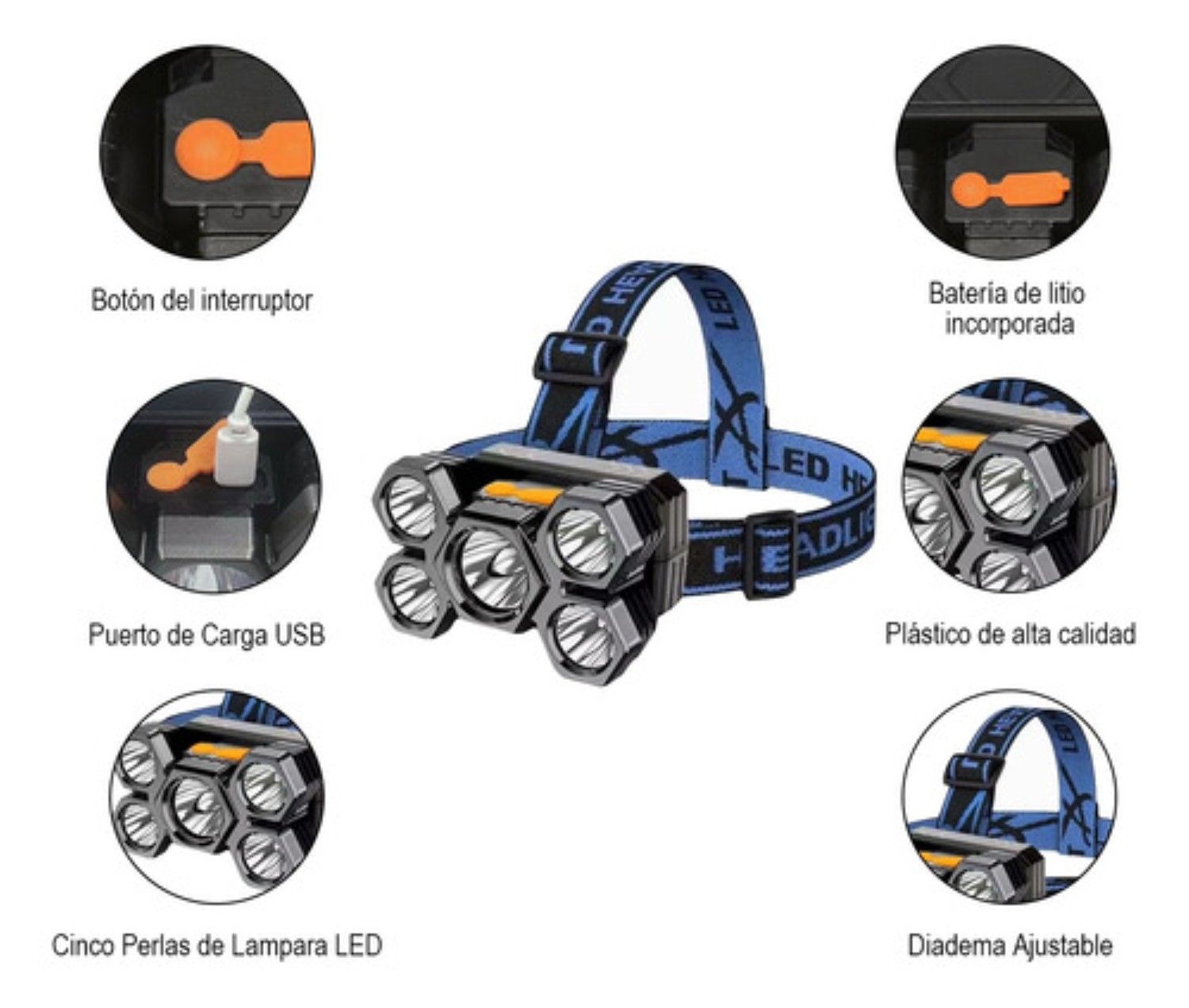 2pcs Lámpara Cabeza Recargable Usb 5 Led Lampara Minera Azul