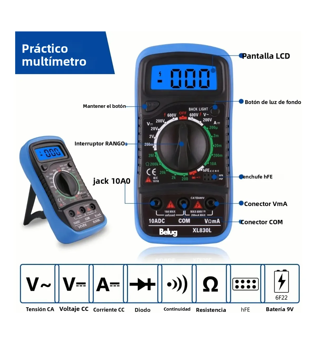 Multímetro Herramientas Lcd Digital Belug Profesional Xl830l Azul