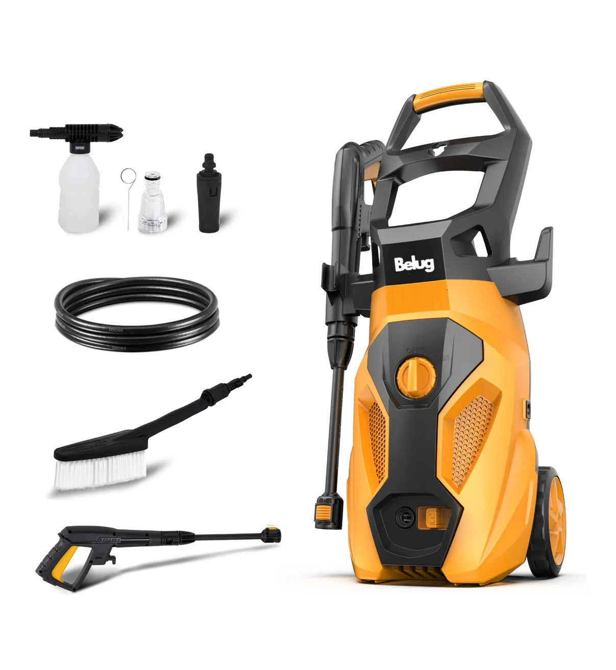 Hidro Lavadora Eléctrica Alta Presión Belug 2000 Psi 1600W Compacta Accesorios Color amarillo