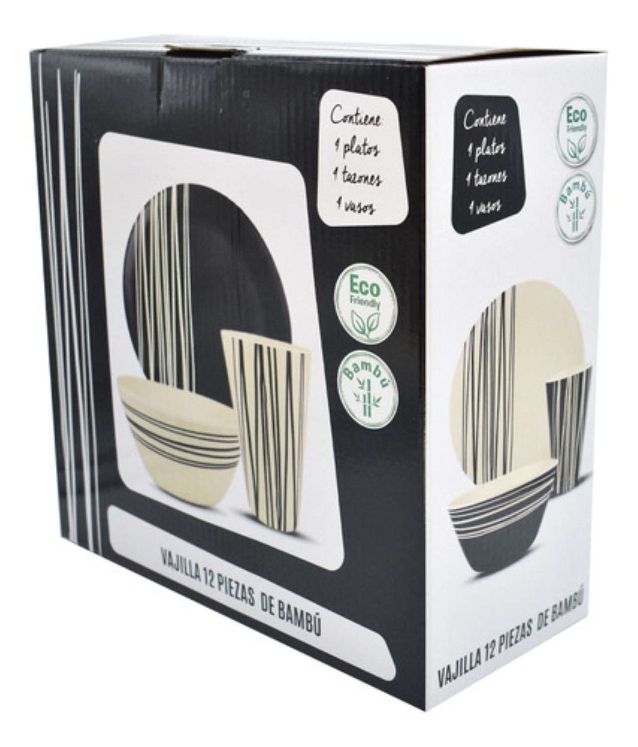 Vajilla Moderna Bambu Blanca Negra Plato Vaso 12p 4 Personas 