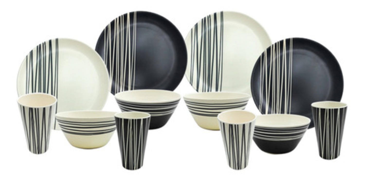 Vajilla Moderna Bambu Blanca Negra Plato Vaso 12p 4 Personas 
