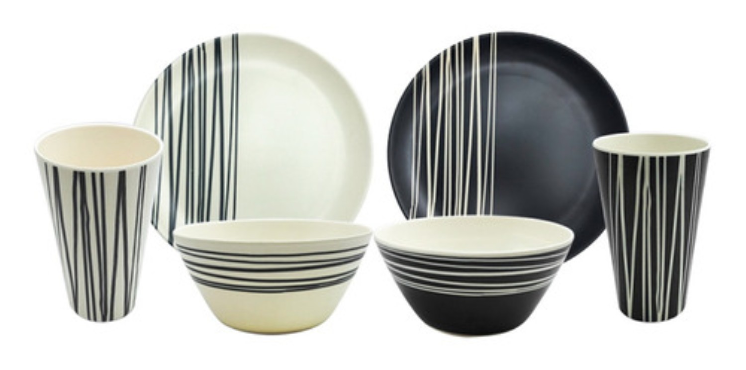 Vajilla Moderna Bambu Blanca Negra Plato Vaso 12p 4 Personas 