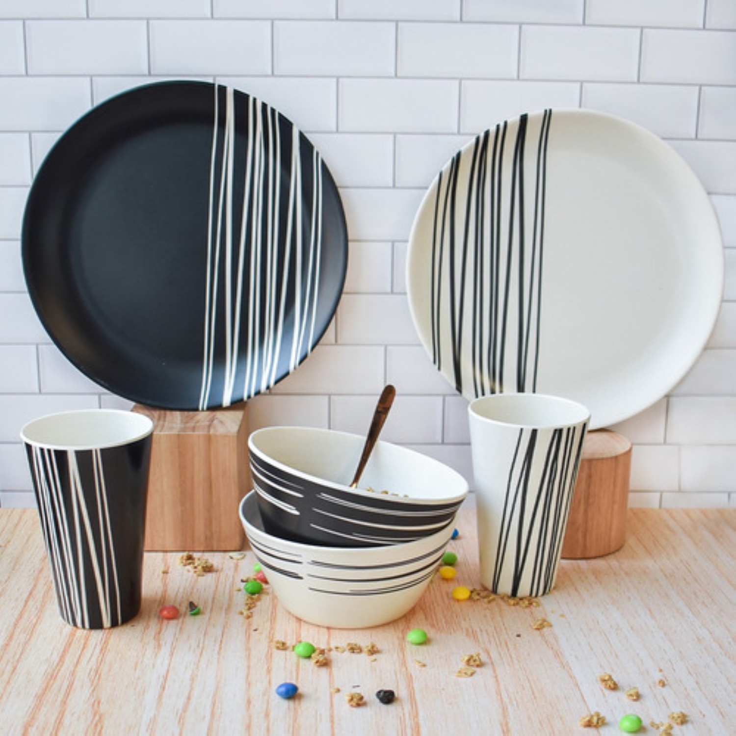 Vajilla Moderna Bambu Blanca Negra Plato Vaso 12p 4 Personas 