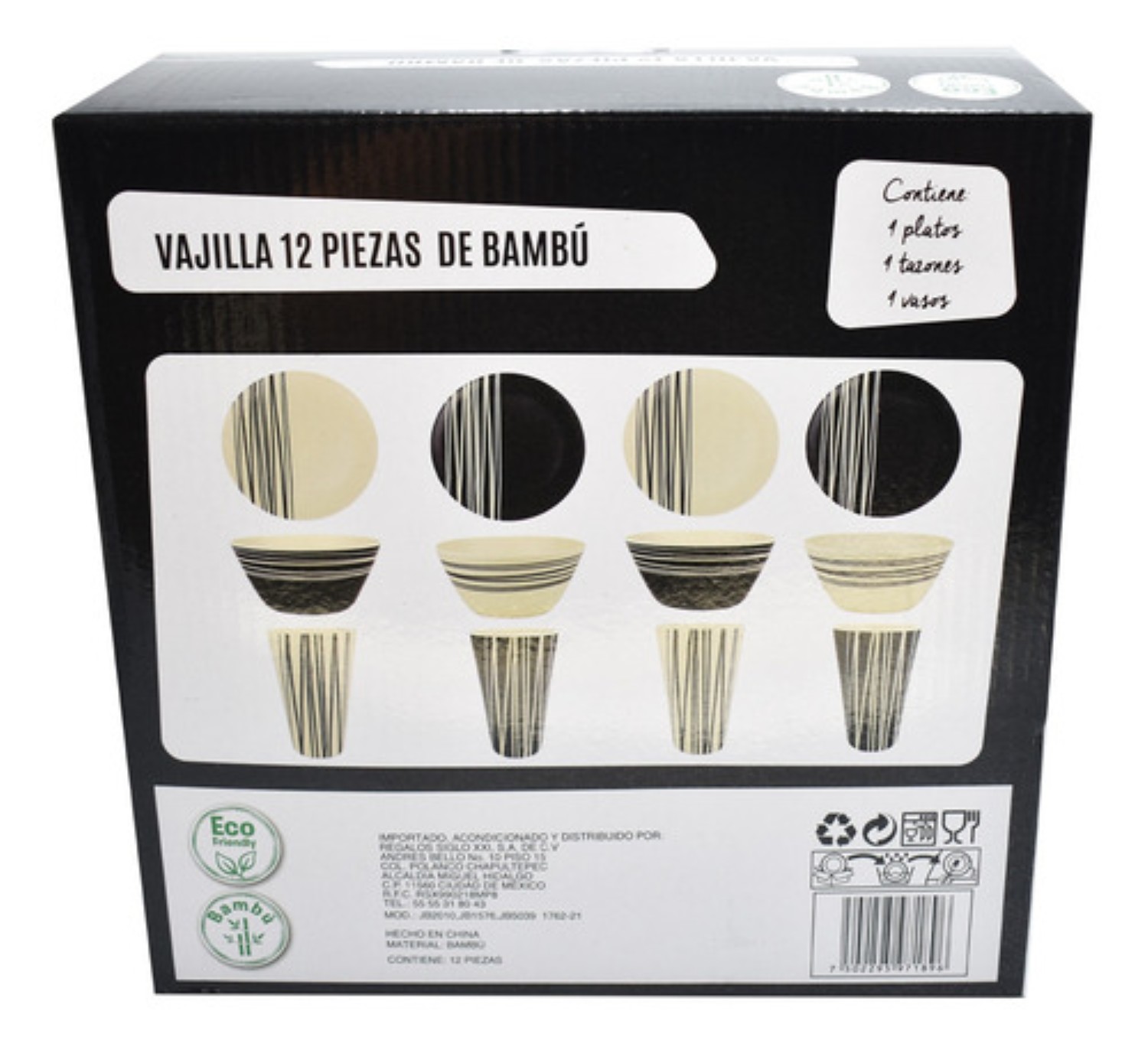 Vajilla Moderna Bambu Blanca Negra Plato Vaso 12p 4 Personas 