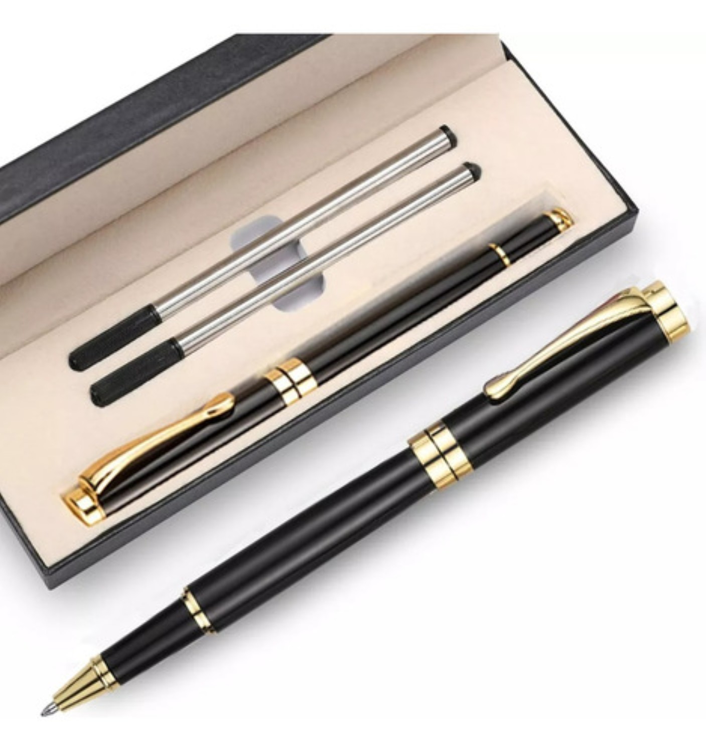 Pluma Parker De Acero Con Recambio Y Caja De Regalo Negro con Dorado 