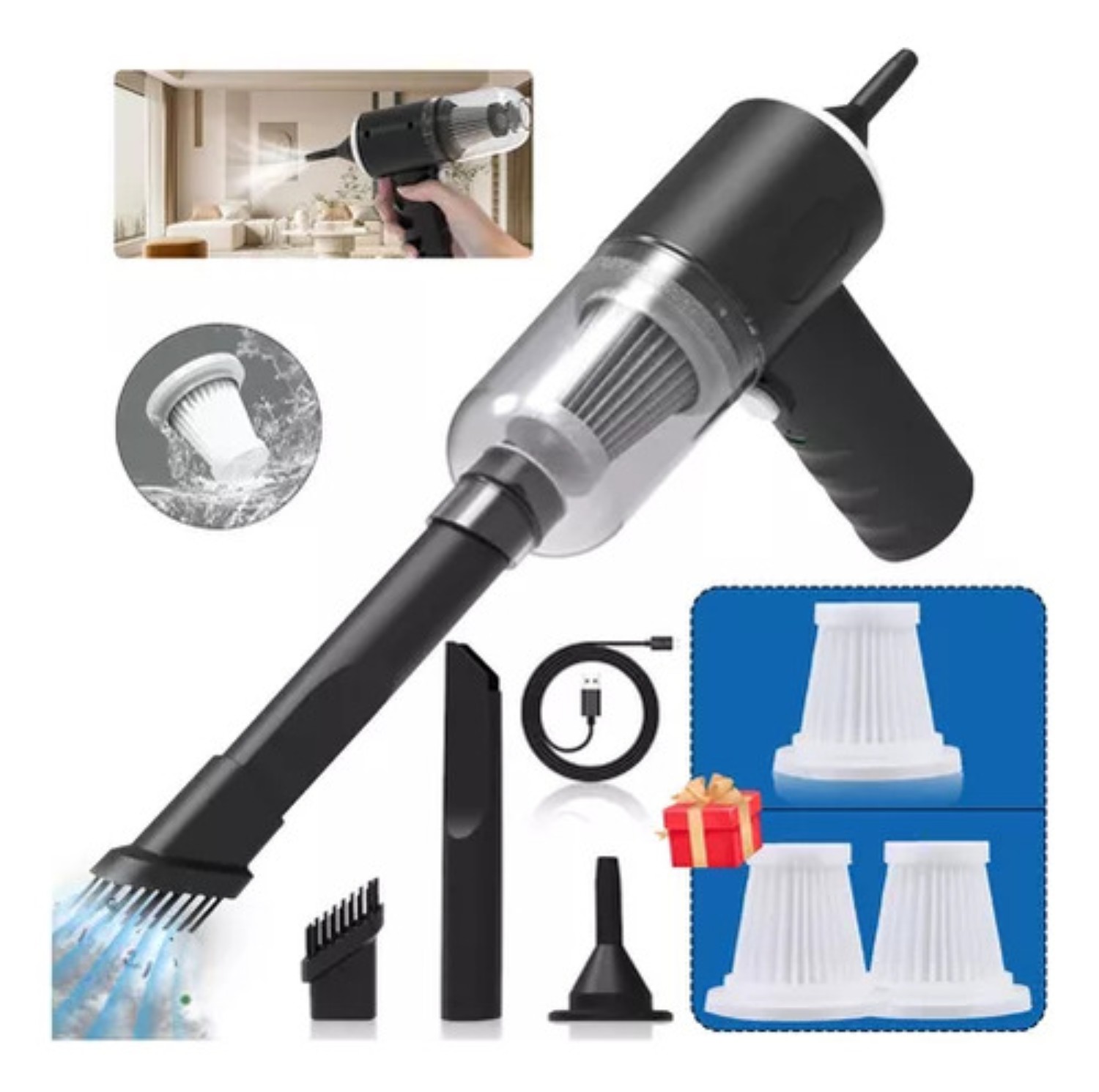Mini Aspiradora Portátil De Mano Inalámbrica Para Hogar Negro con Gris 