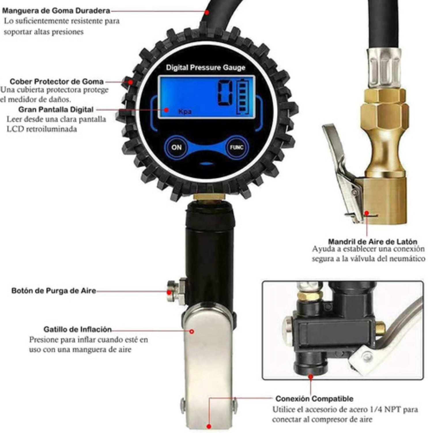 Pantalla De Barómetro Digital De Alta Precisión 0-200psi Negro