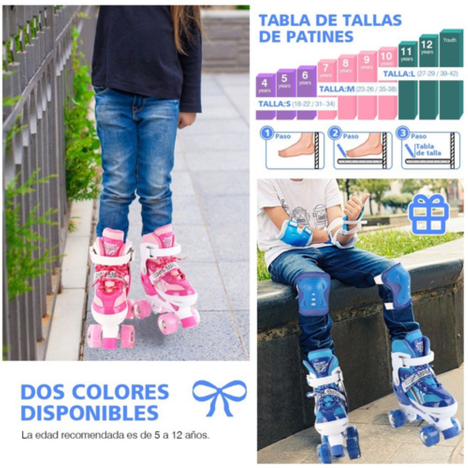 Patines De 4 Ruedas Para Niños Ajustables Talla 18-22 Azul 808B