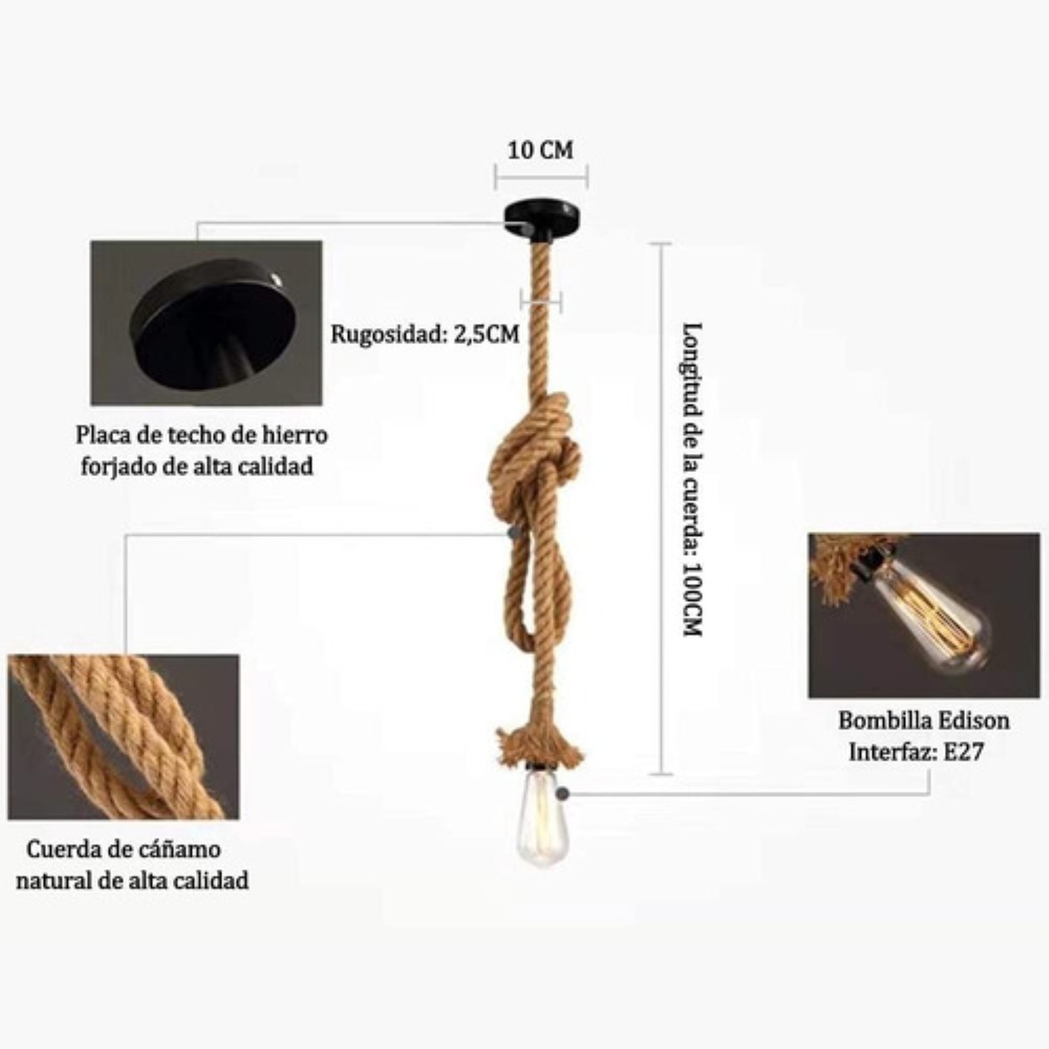 Lámpara Colgante De Cuerda De Cáñamo De 1m 3 Piezas 