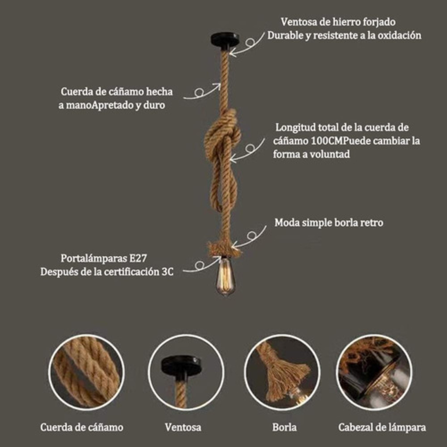 Lámpara Colgante De Cuerda De Cáñamo De 1m 3 Piezas 