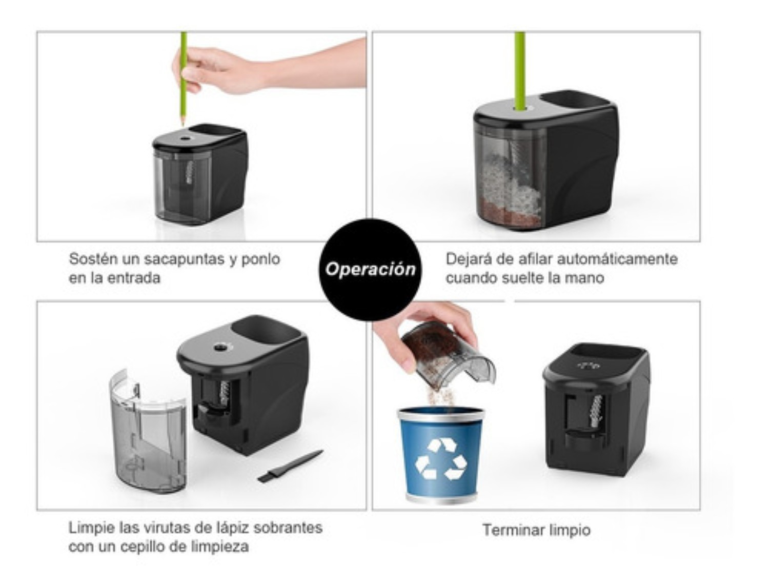Sacapuntas Electrico  Automáticos 6-8mm Negro Transparente con Portalapices