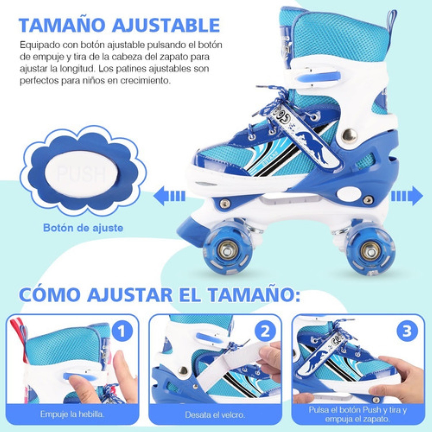 Patines De 4 Ruedas Para Niños Ajustables Talla 18-22 Azul 808B