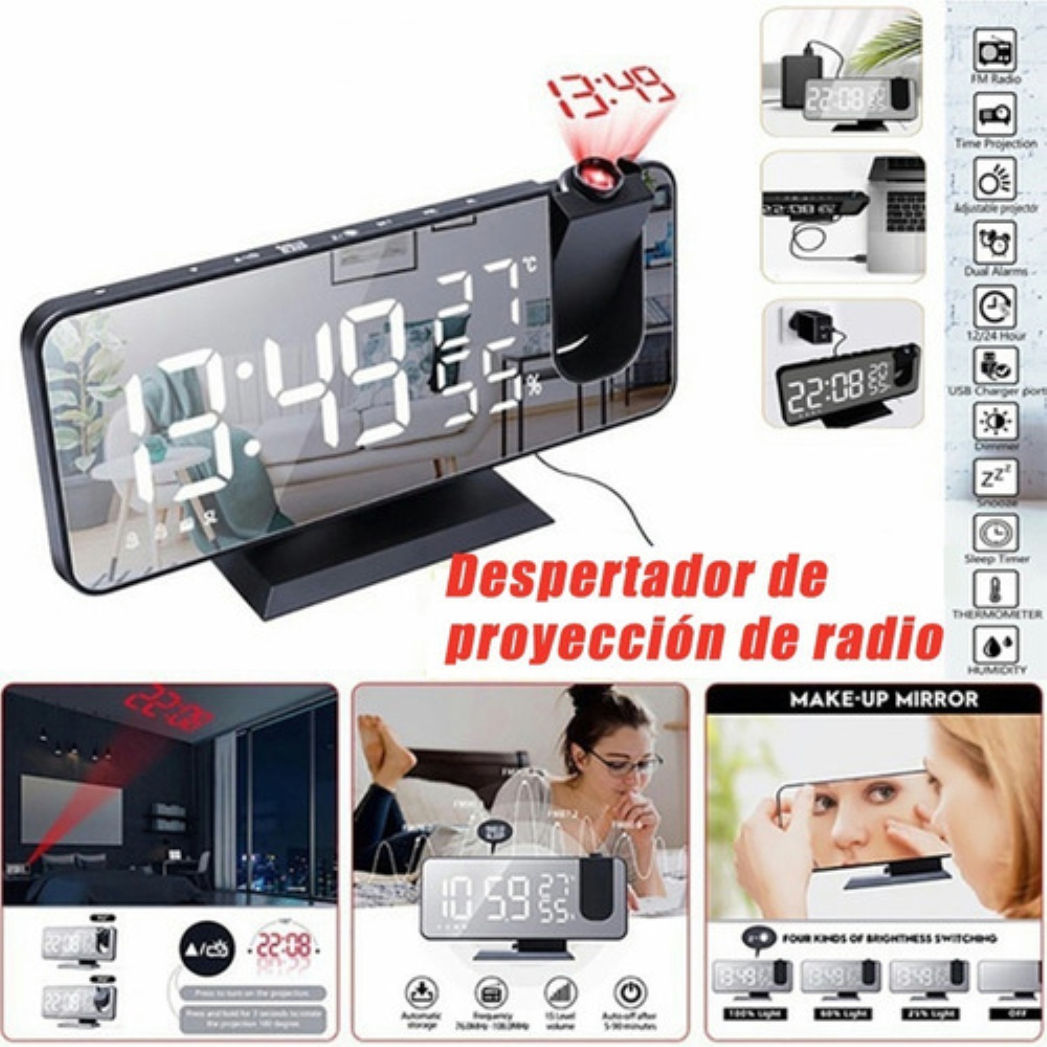 Reloj Despertador Led Proyector Y Pantalla Grande Blanco