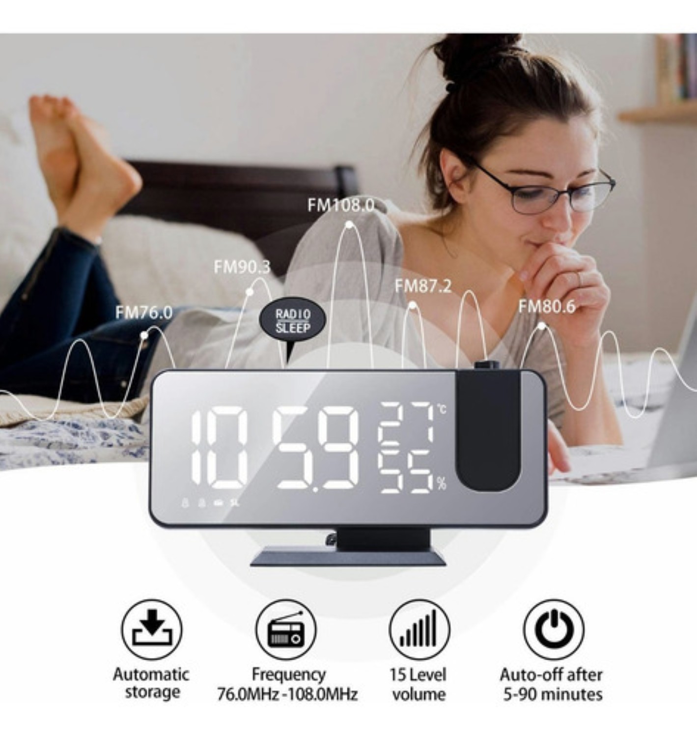 Reloj Despertador Led Proyector Y Pantalla Grande Blanco