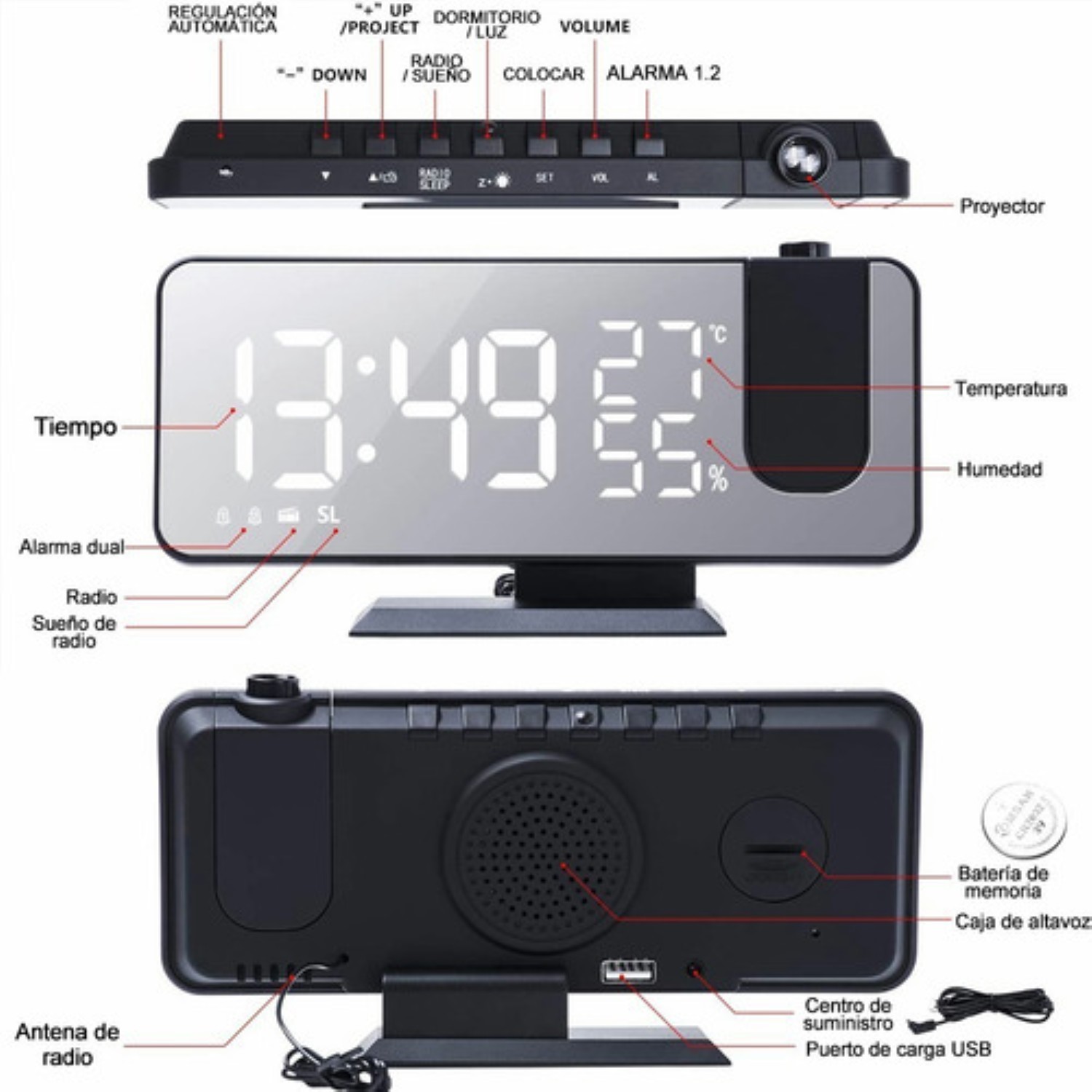 Reloj Despertador Led Proyector Y Pantalla Grande Blanco