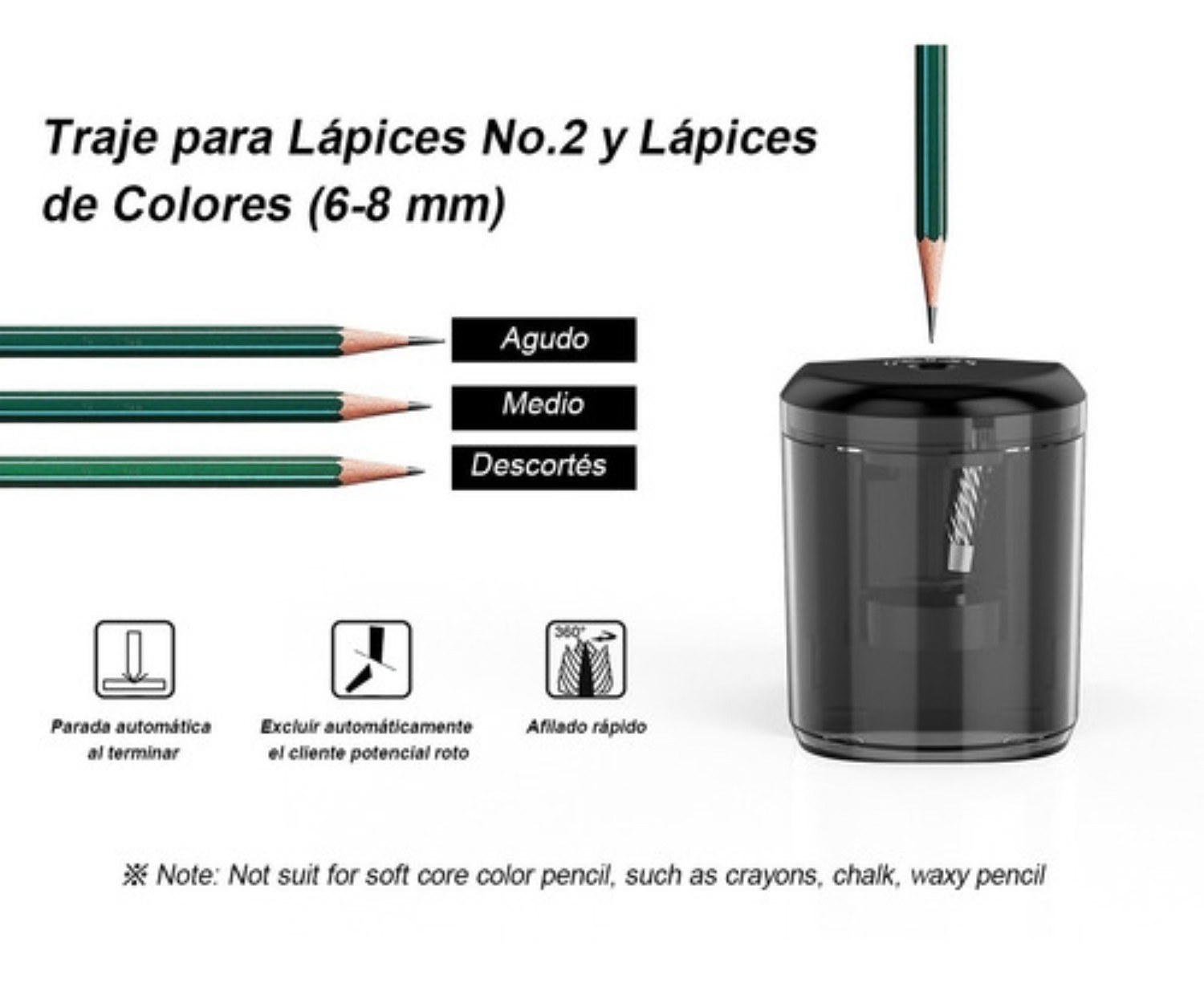 Sacapuntas Electrico  Automáticos 6-8mm Negro Transparente con Portalapices