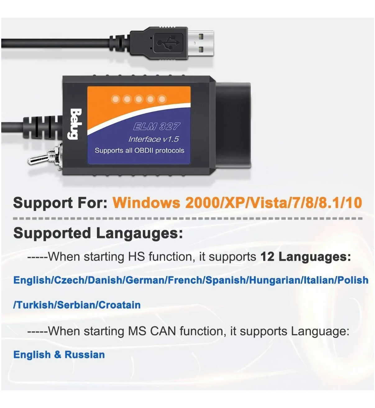 Escáner Automotriz Usb Elm327 Belug Windows Negro