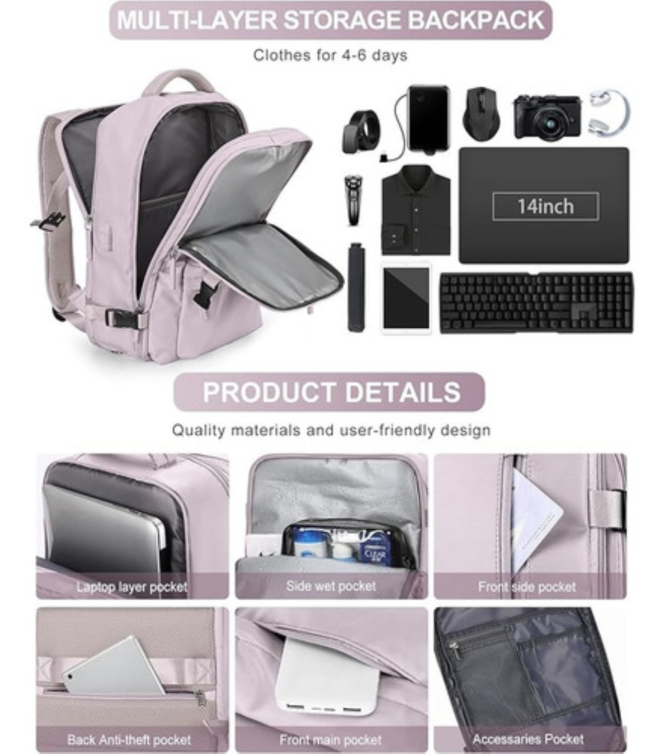Mochila Multifuncional Bolsa De Viaje De Gran Capacidad Rosa