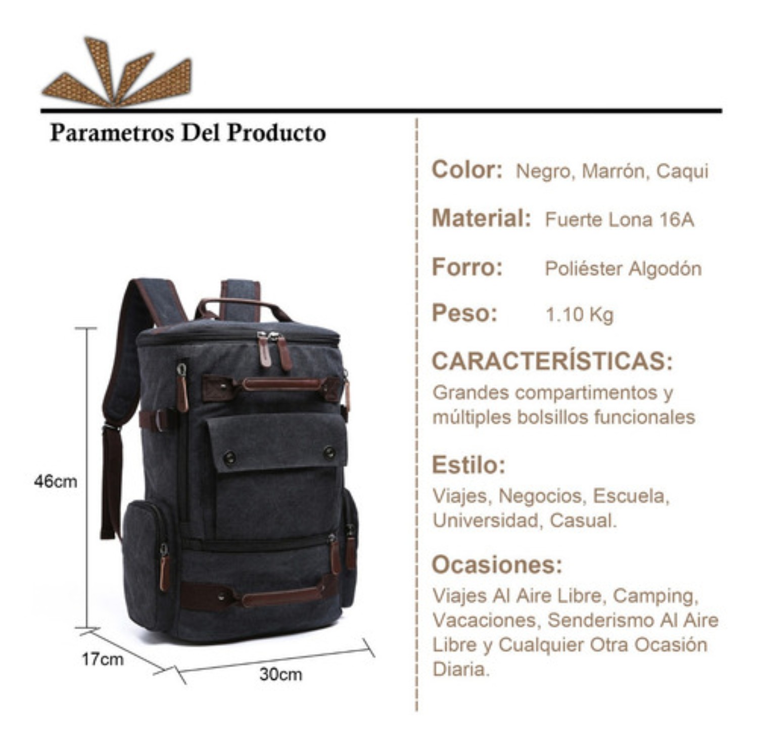 Casual Mochila Para Laptop 15.6'' De Viaje In Para Hombre Negra detallle cafe