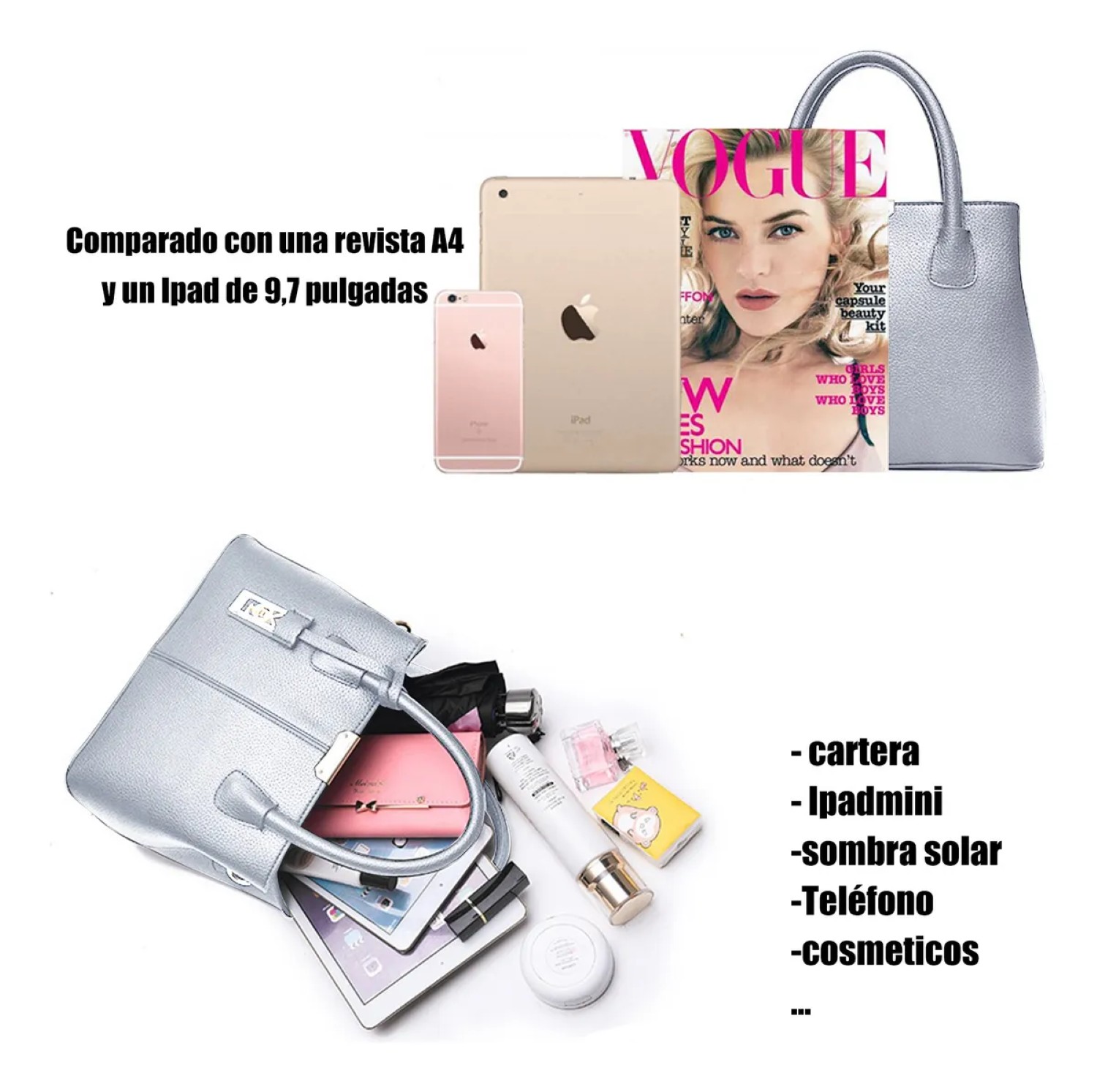 Moda Casual Gran Capacidad Bolsos Lady Tote Bag Gris 