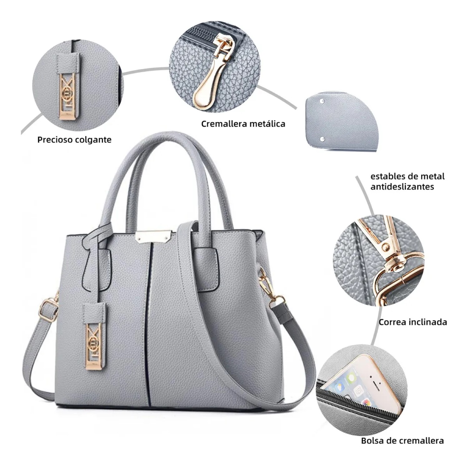Moda Casual Gran Capacidad Bolsos Lady Tote Bag Gris 