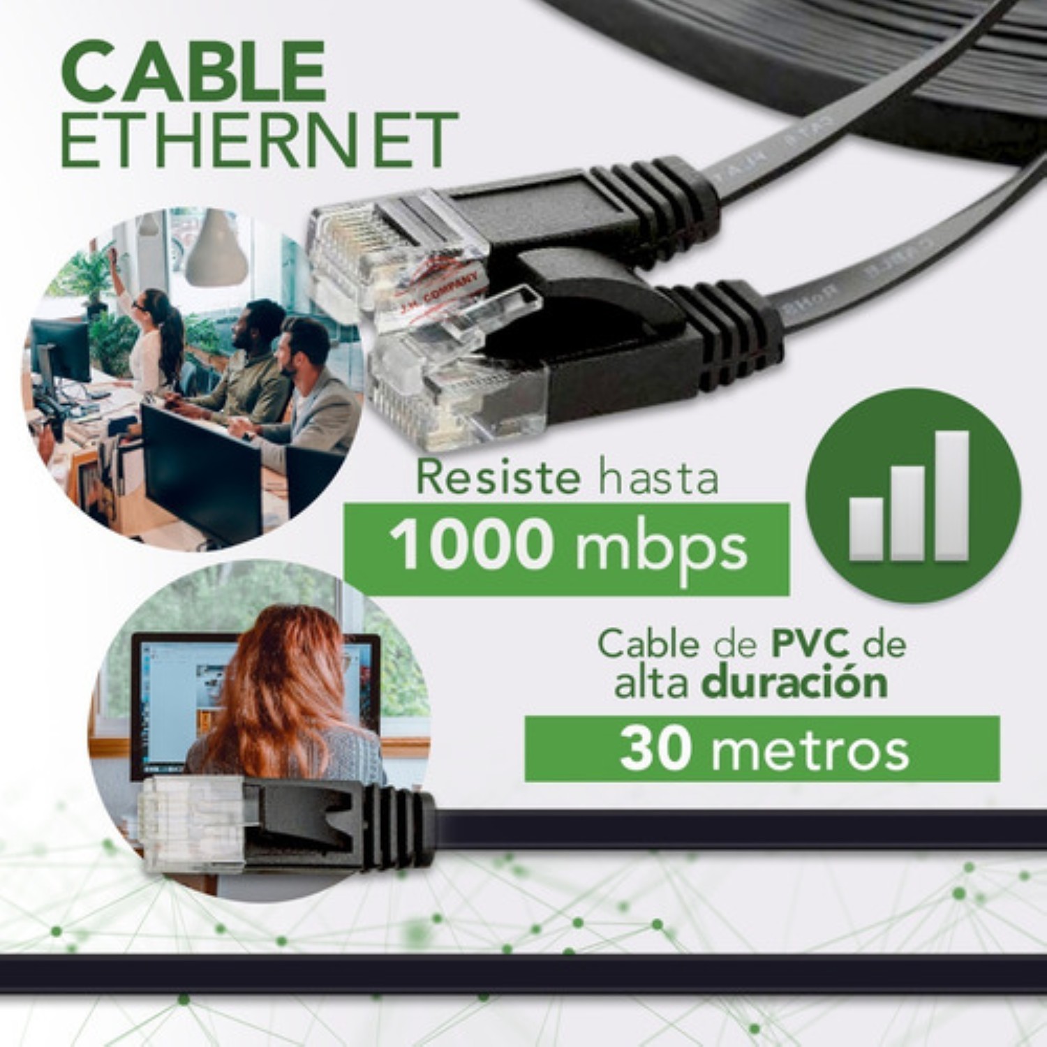 Cable Red Plano Categoria 6 Cat6 Rj45 Utp Ethernet 30 Metros NEGRO