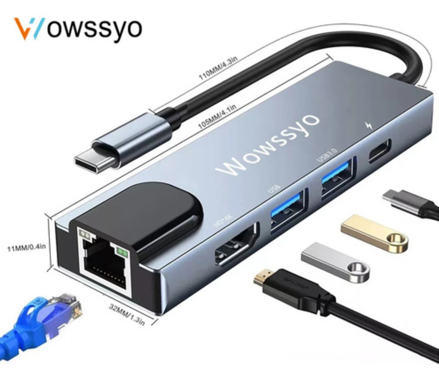Tipo C Hub 5 En 1 Adaptador Usb C A Hdmi Con Ethernet Plata