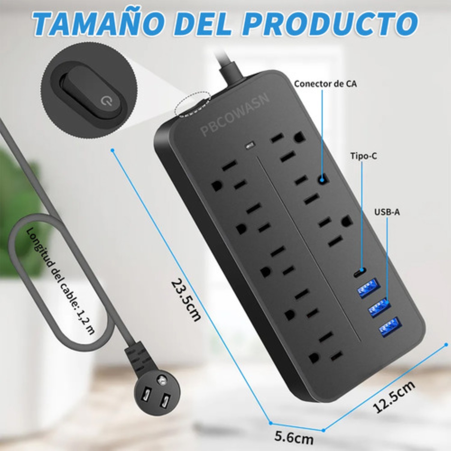 Regleta Cargador Multicontactos Con 8 Salidas 3 Usb 1 Tipo C Negro