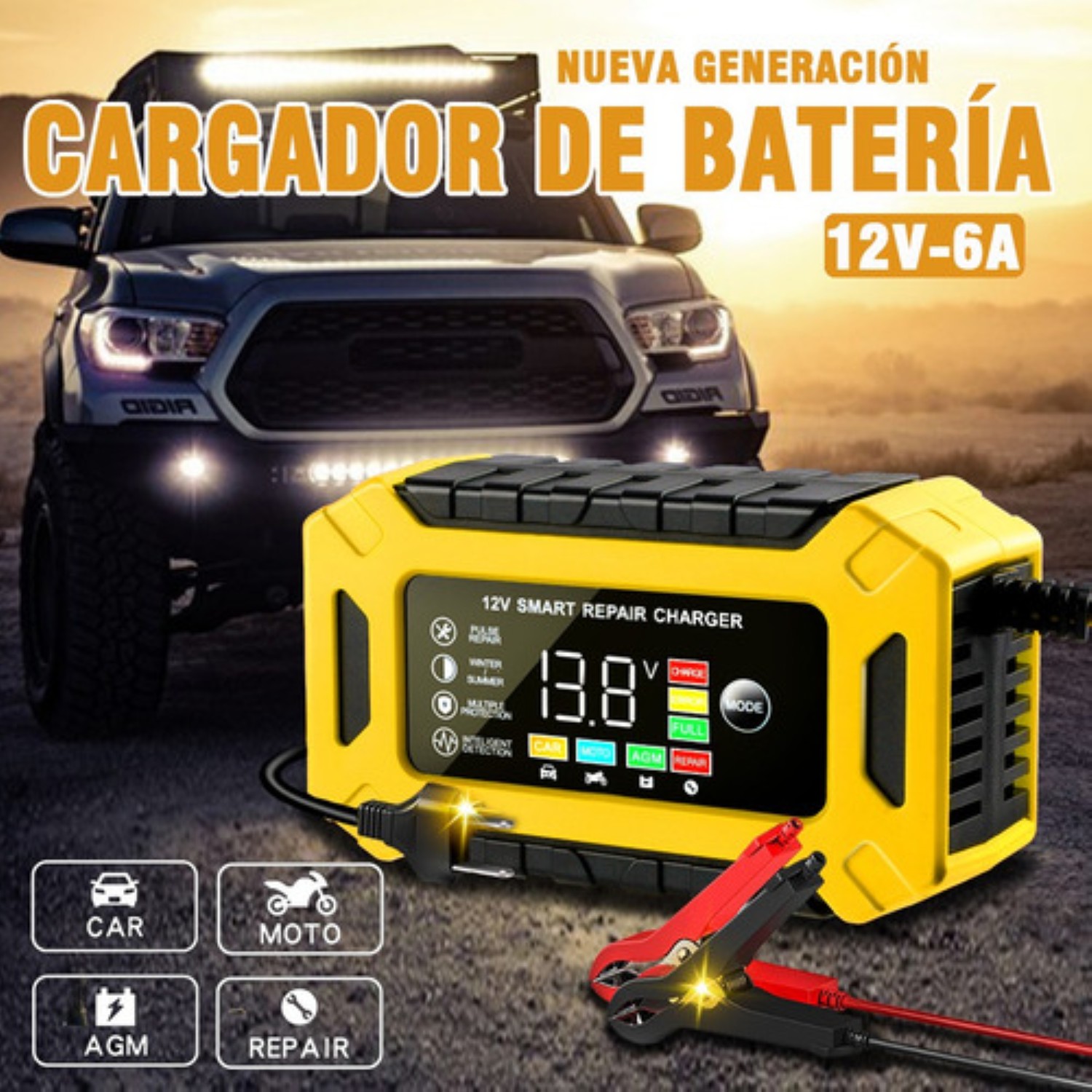 Cargador Inteligente Para Coche Y Motocicleta Batería 12v 6a Negro Con Amarillo 