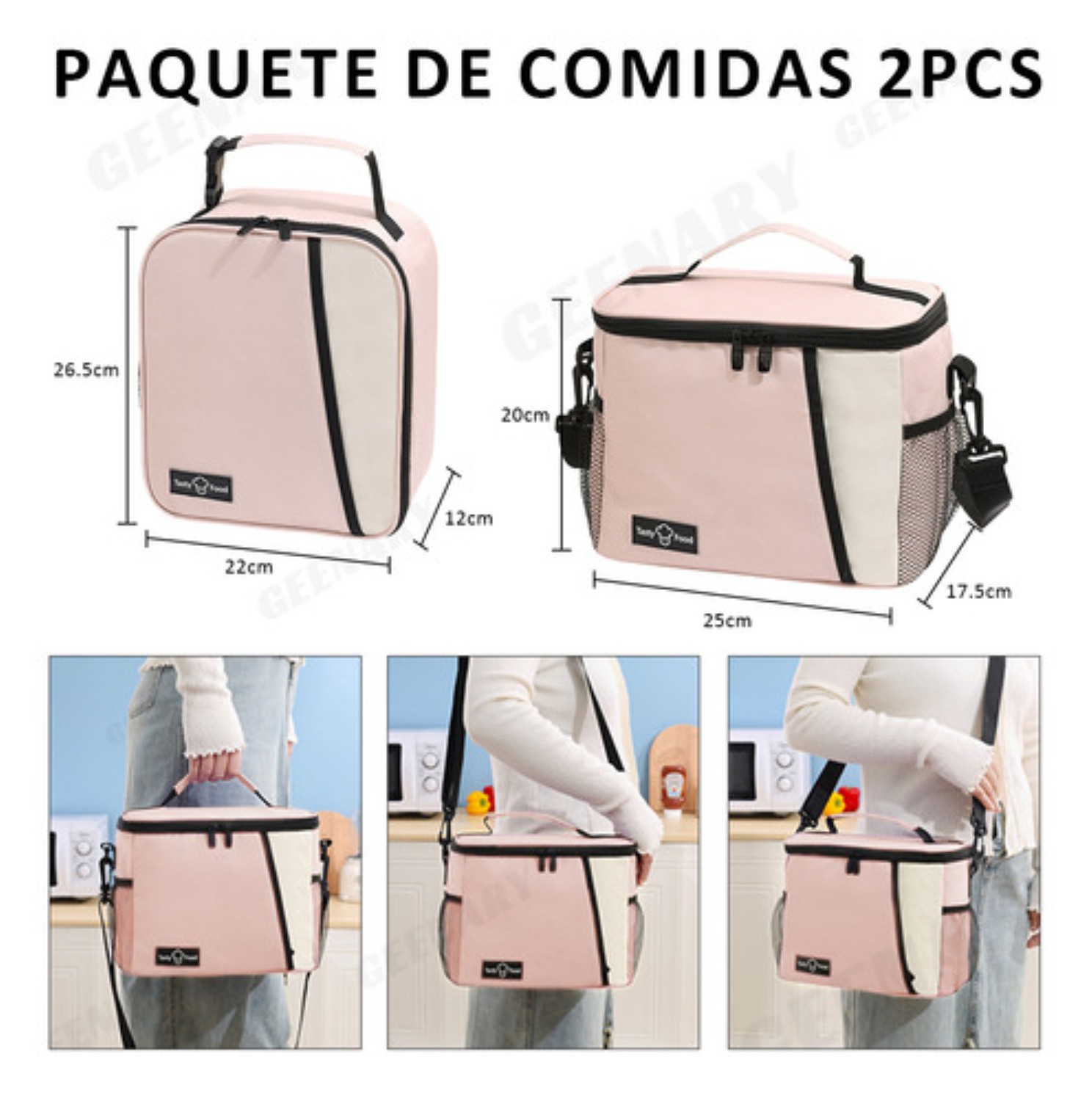 2pcs Lonchera Térmica Bolsa Escolar Portátil 9l+7l rosa blanco