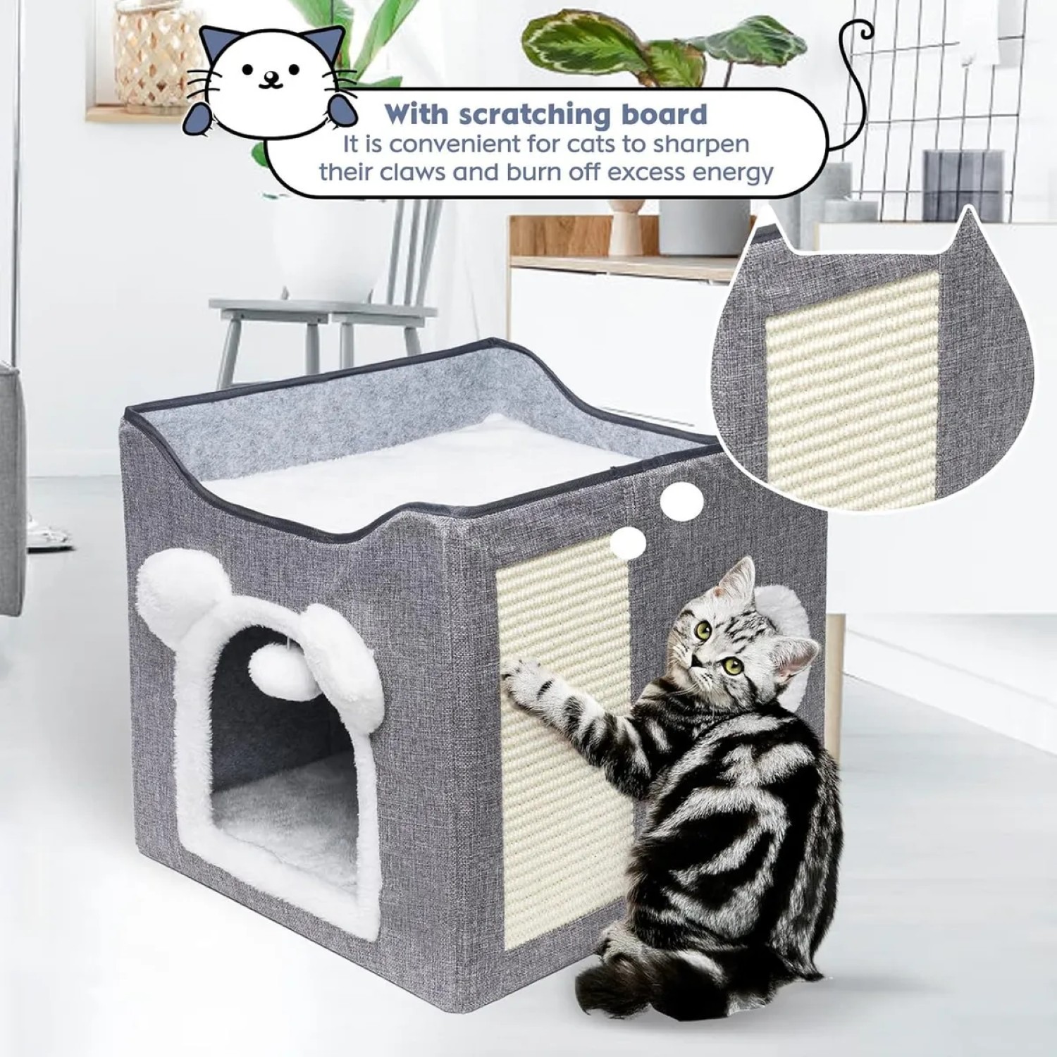 Casa Y Cama Plegable Para Gato Con Cojín Suave bola De Pelo Gris 