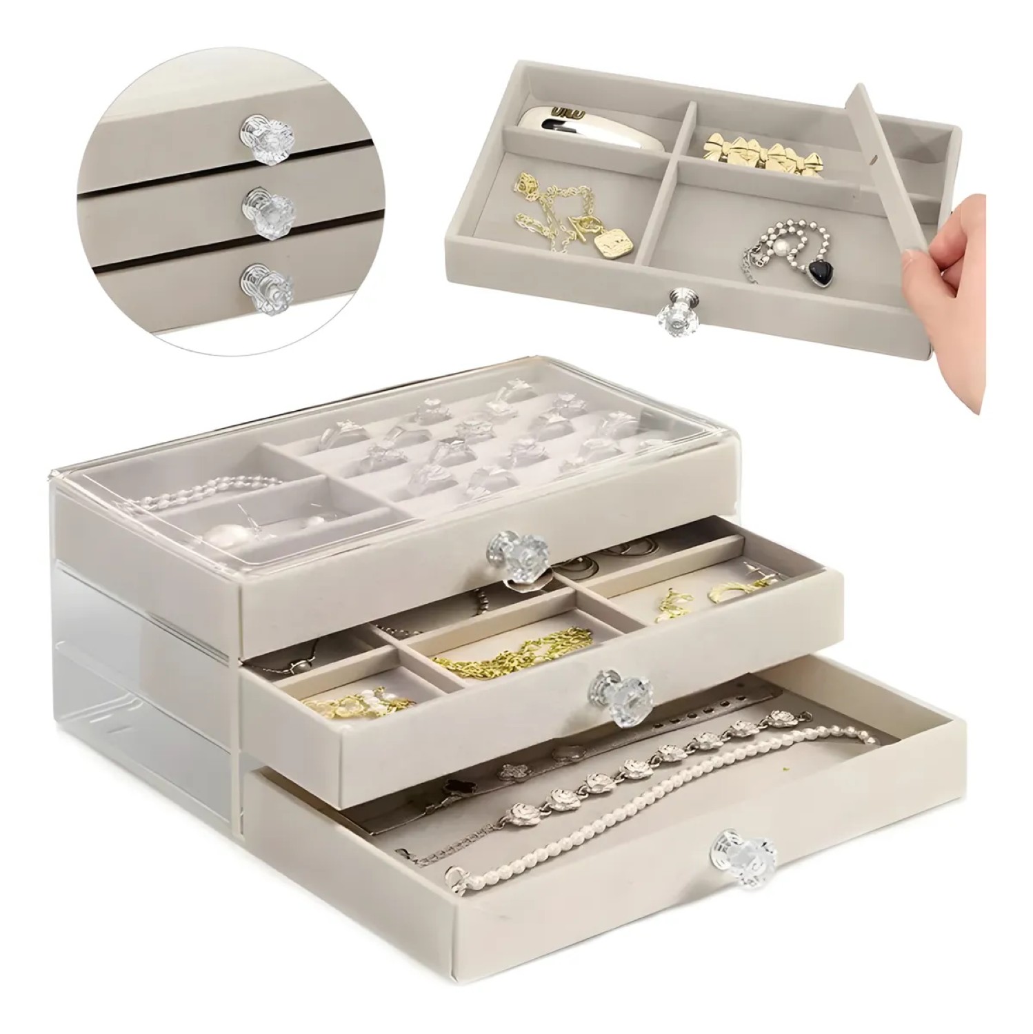 Elegante Joyero Con Caja De Almacenamiento De Joyas Con Cerradura Gris