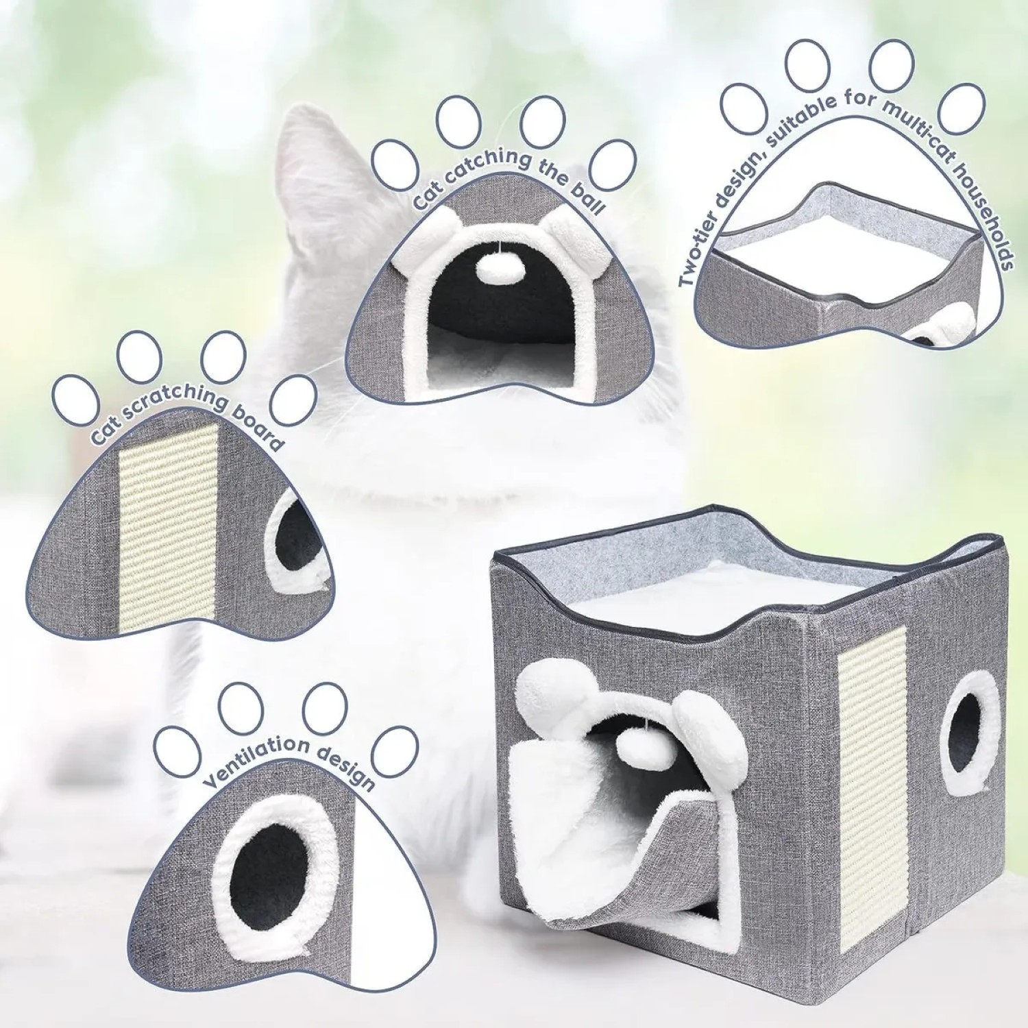 Casa Y Cama Plegable Para Gato Con Cojín Suave bola De Pelo Gris 