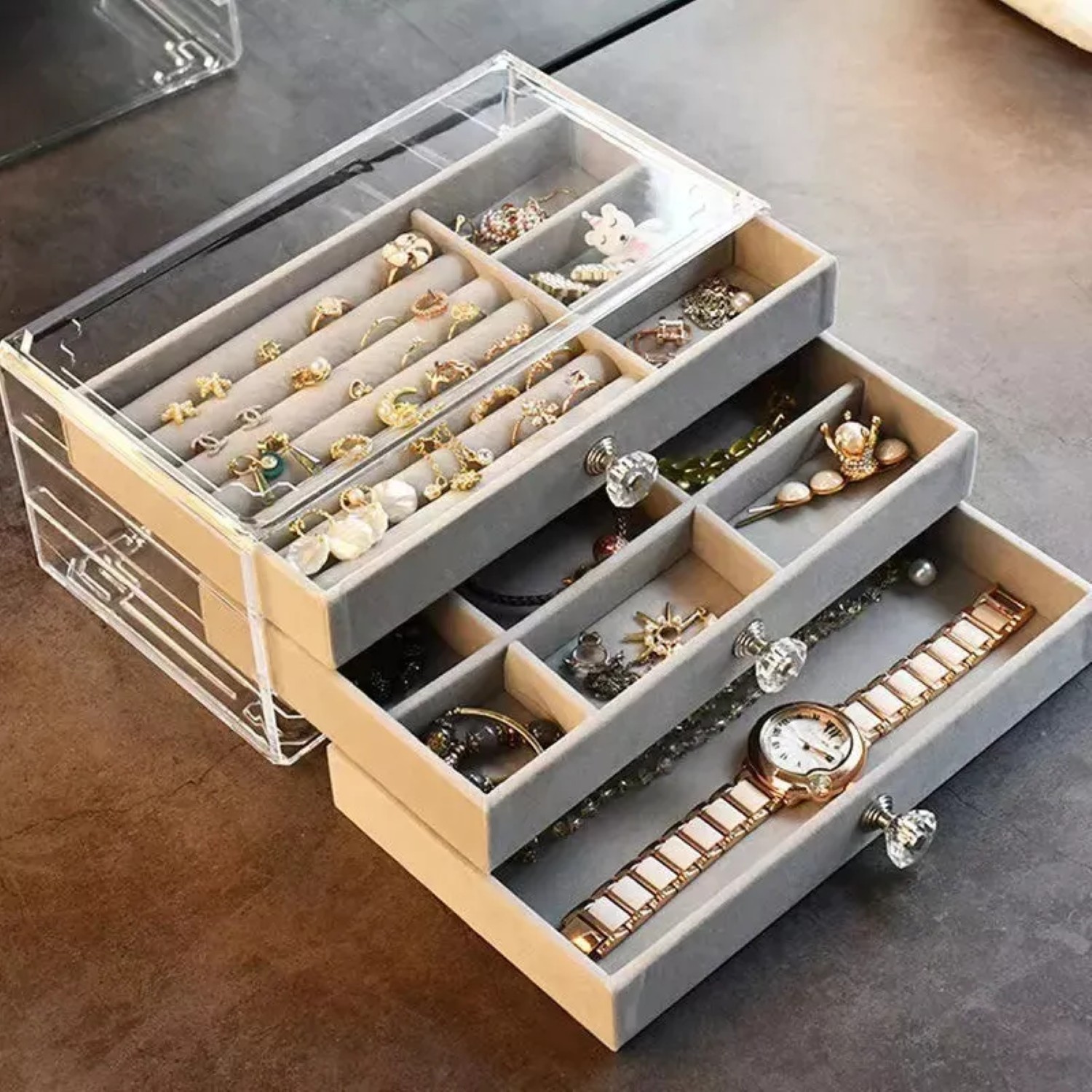 Elegante Joyero Con Caja De Almacenamiento De Joyas Con Cerradura Gris