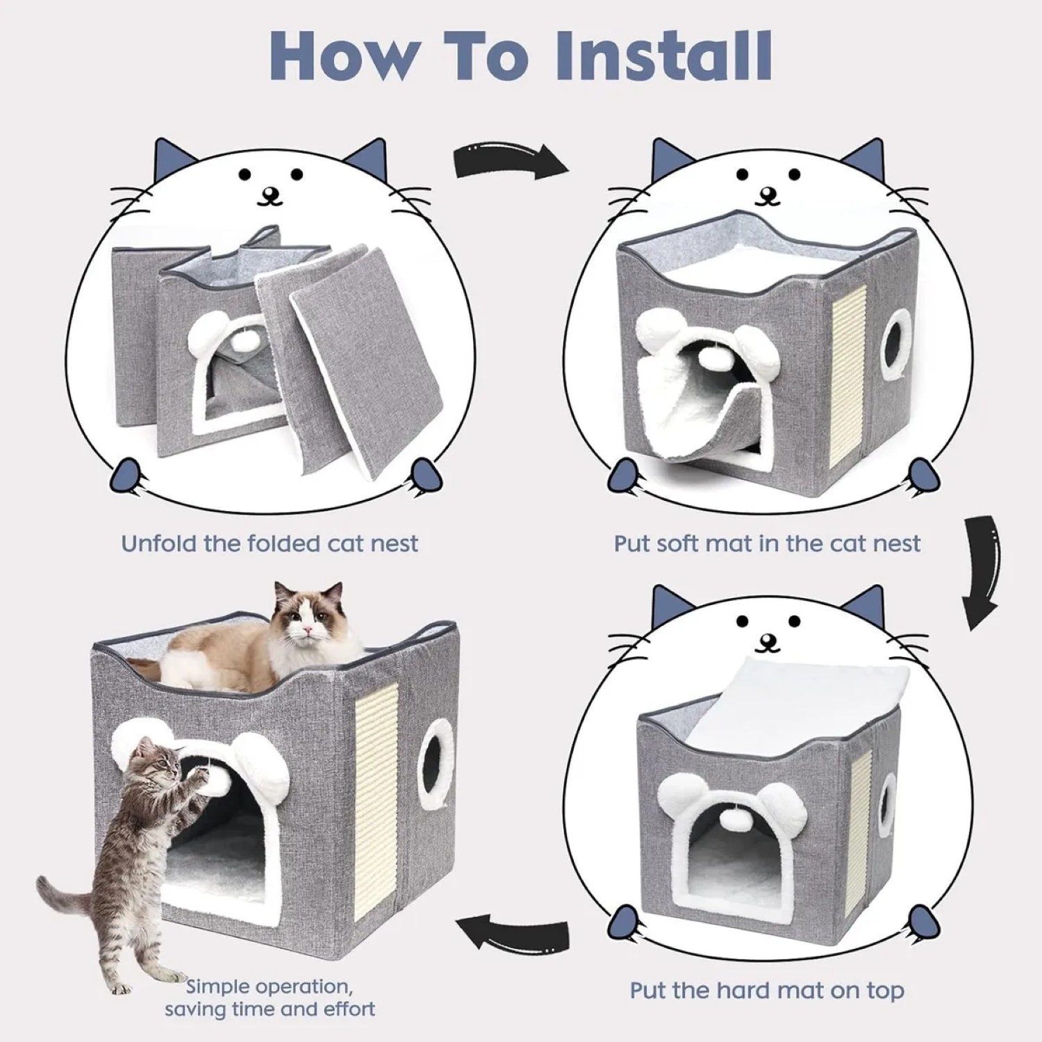 Casa Y Cama Plegable Para Gato Con Cojín Suave bola De Pelo Gris 