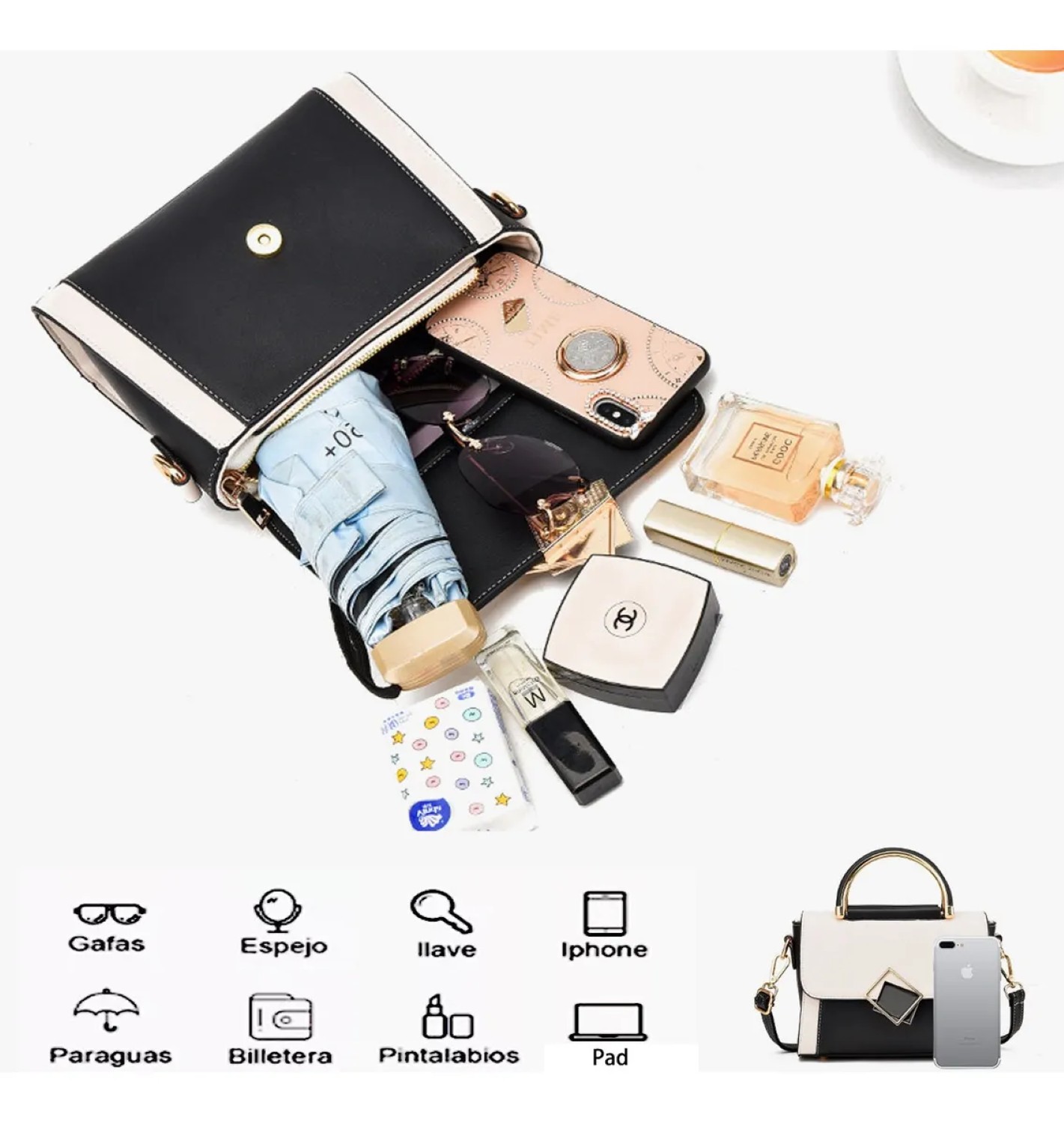 Bolso De Hombro Para Mujer, Bolso De Gran Capacidad Negro/Blanco