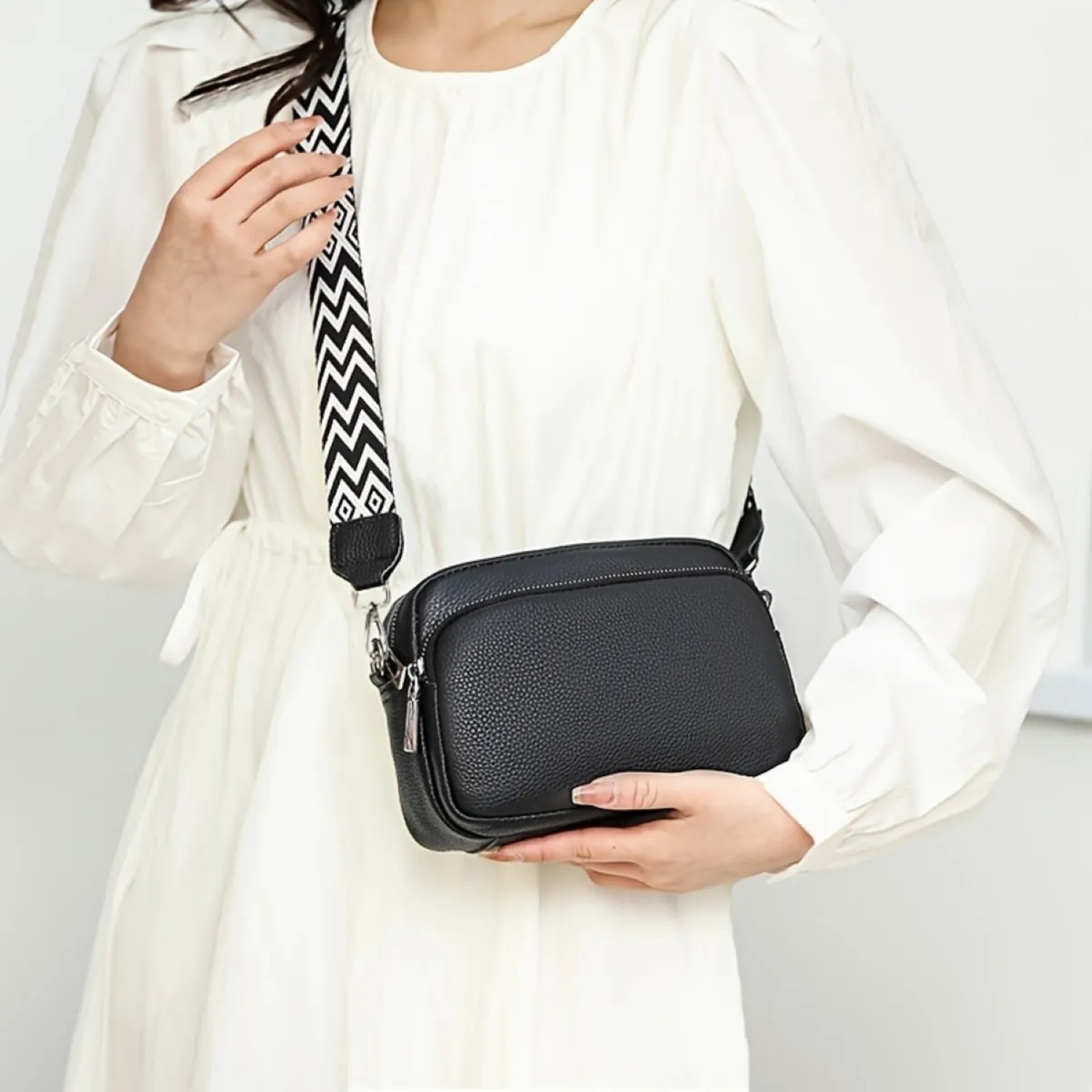 Mujer Bolso De Hombro Popular Con 2 Correas Para Hombros negrp correa negro blanco