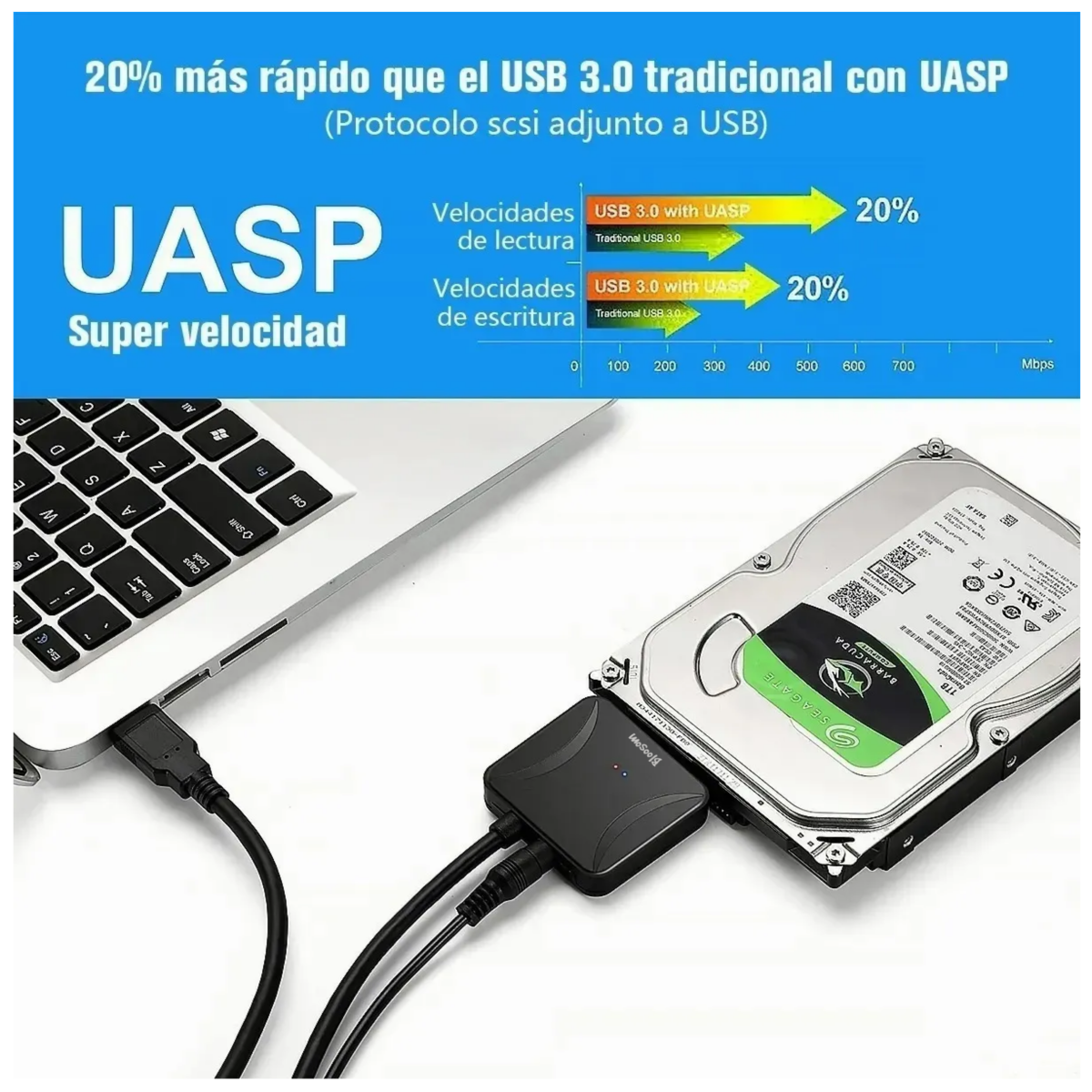 Cable Adaptador Disco Duro Sata A Usb 3.0 Hdd Ssd 3.5, Negro