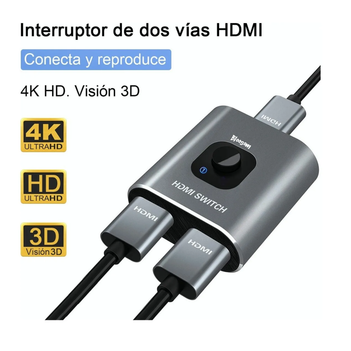 Switch Hdmi 4k 3d 2 En 1 Bidireccional Conmutador, Gris