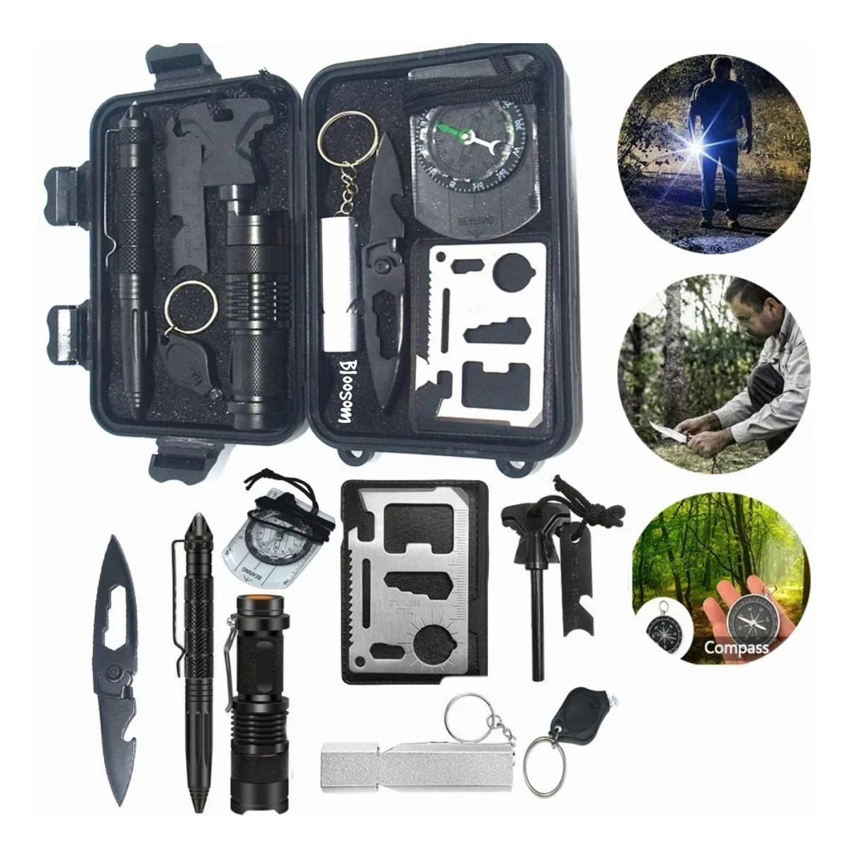 Kit Supervivencia Campal Navaja Reloj Silbato,  Negro
