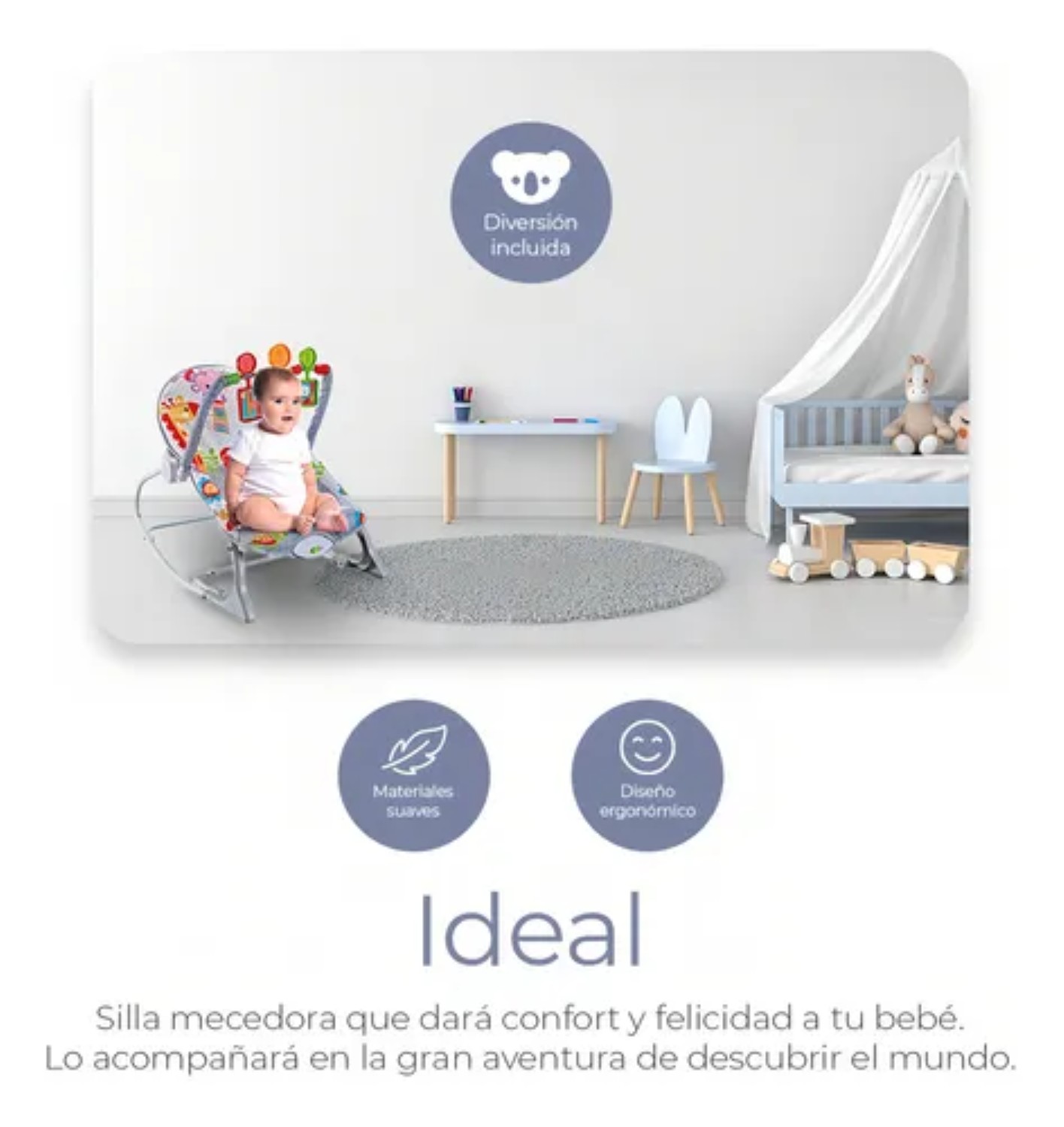 Silla vibradora mecedora de bebe musical con juegos gris