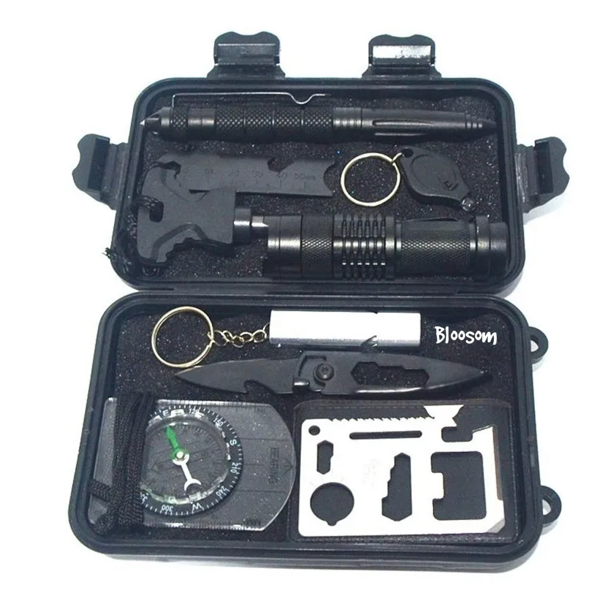 Kit Supervivencia Campal Navaja Reloj Silbato,  Negro